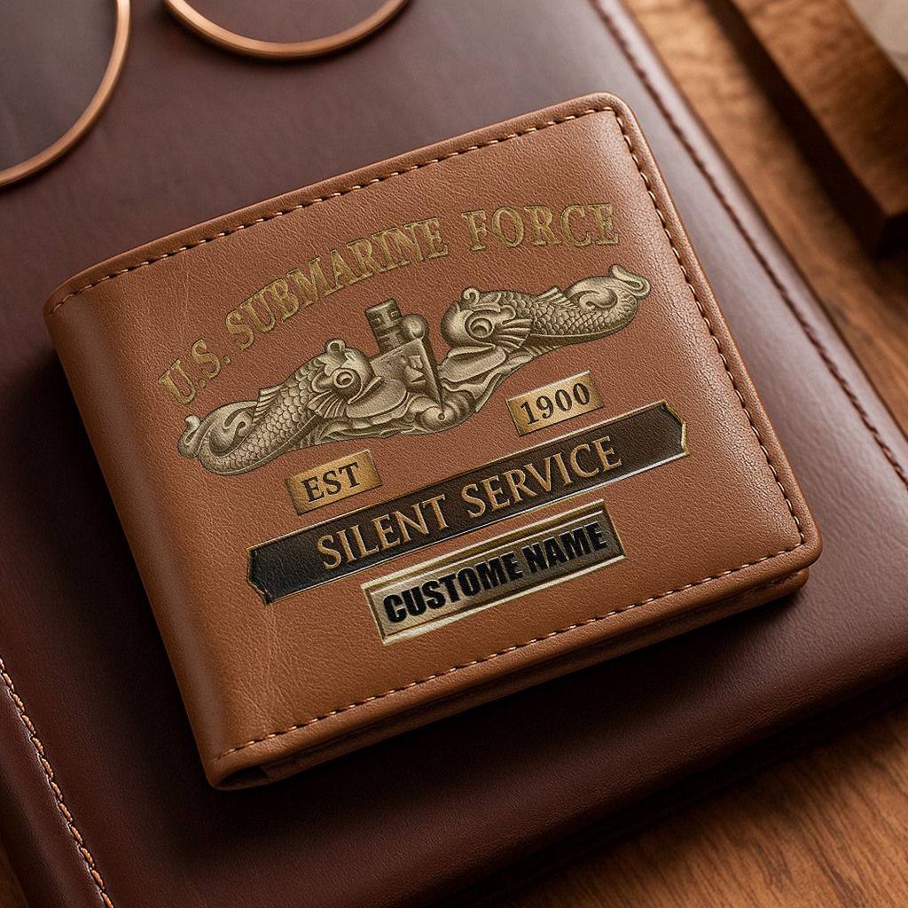 Personalizable Navy Submarine Leather Wallet & Stainless Steel Watch Bundle