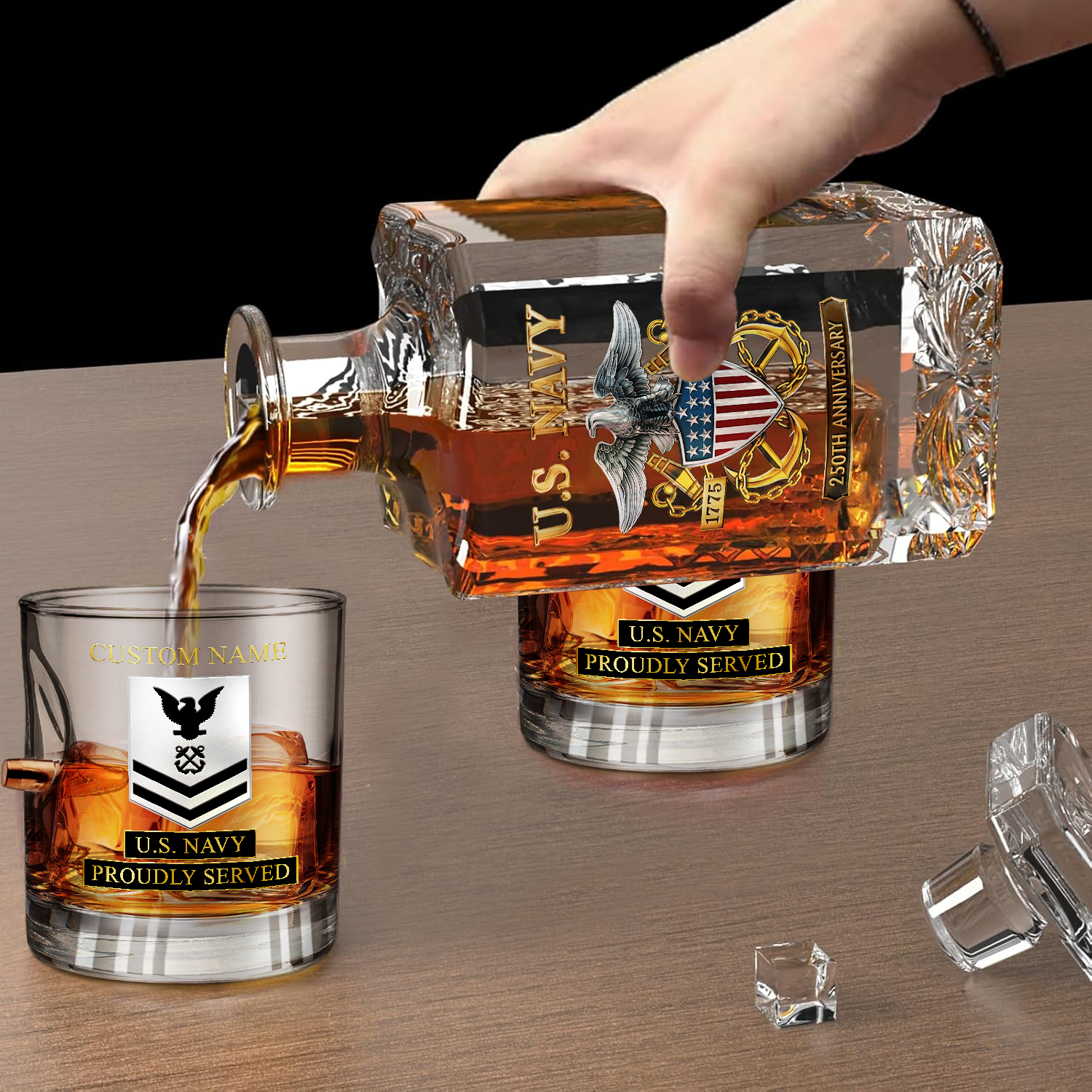 Personalizable Navy 250th Anniversary Bullet Whiskey Glass & Decanter Set
