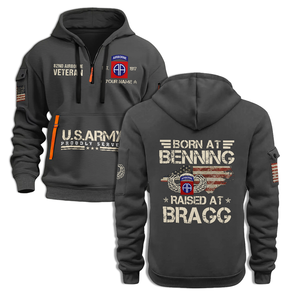 Born At Benning Raised At Bragg Personalizable Quarter Zip Hoodie