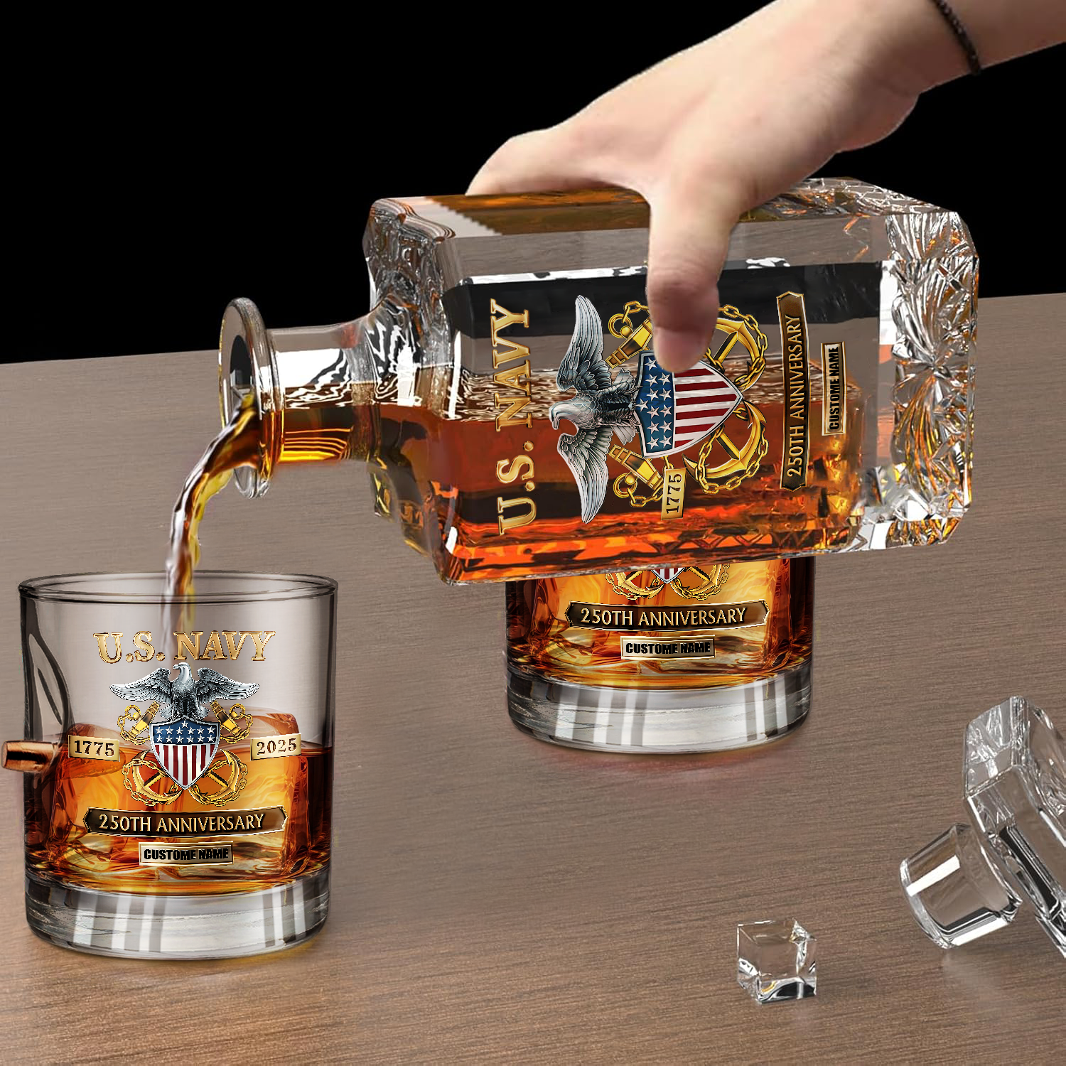 Personalizable Navy 250th Anniversary Bullet Whiskey Glass & Decanter Set