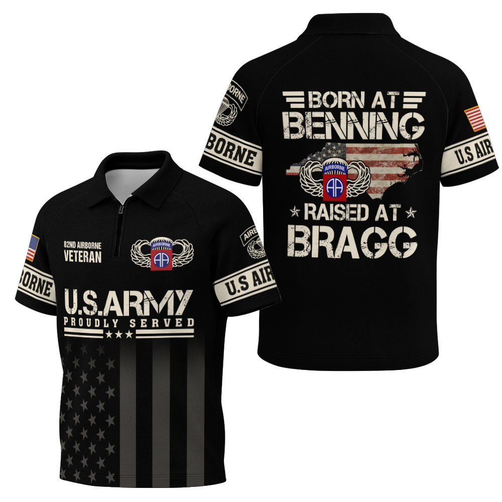 Airborne Born At Benning Raised At Bragg Raglan Zip Polo Shirt
