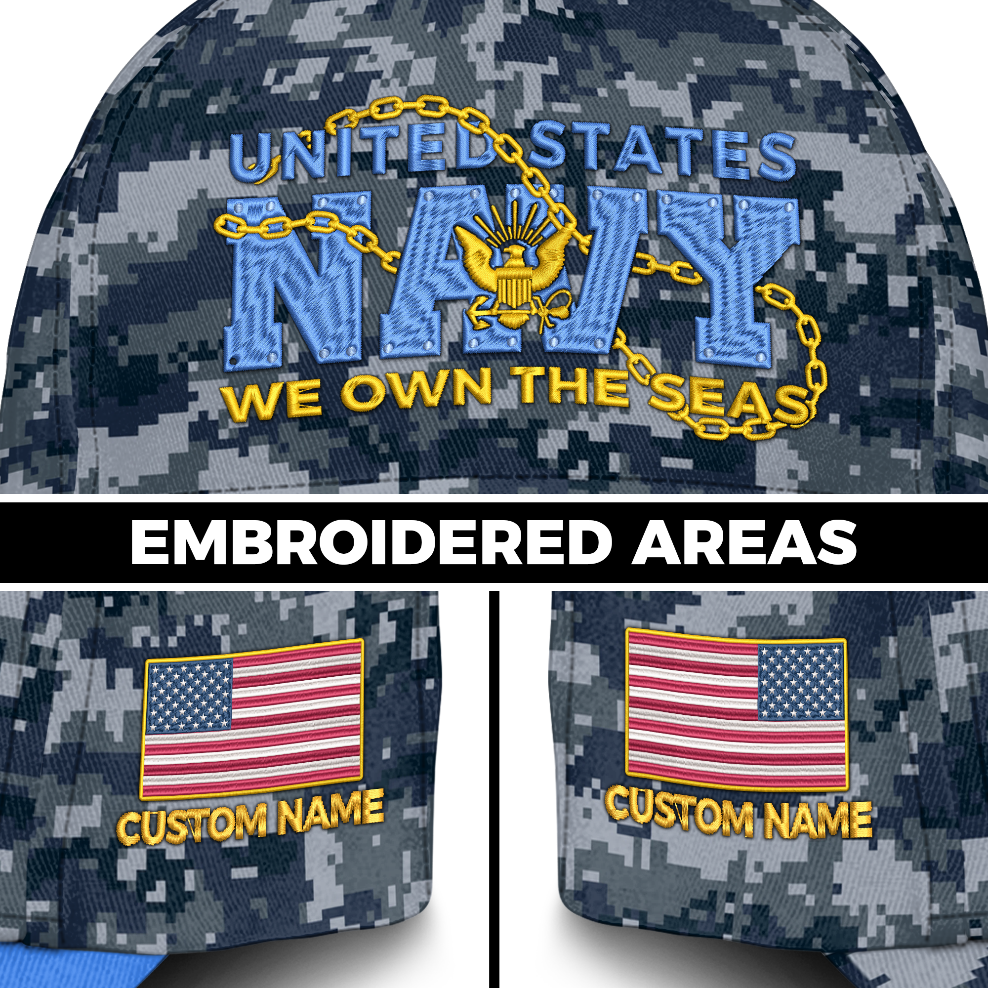 Navy We Own The Seas Embroidered & Printed Cap