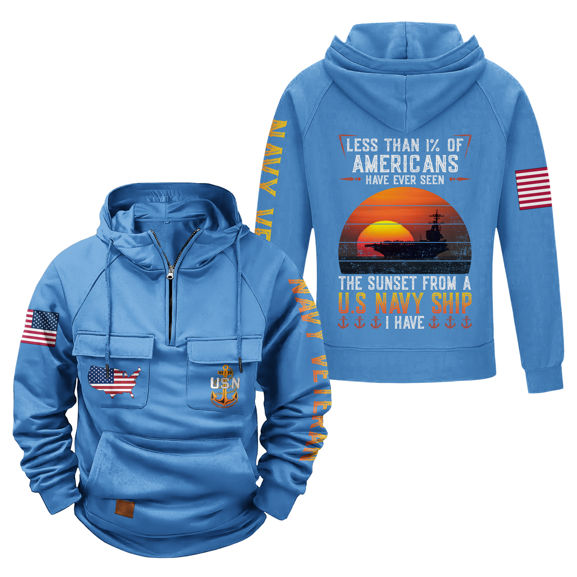 Less Than 1% Sunset Navy Ship Vintage Quarter Zip Hoodie