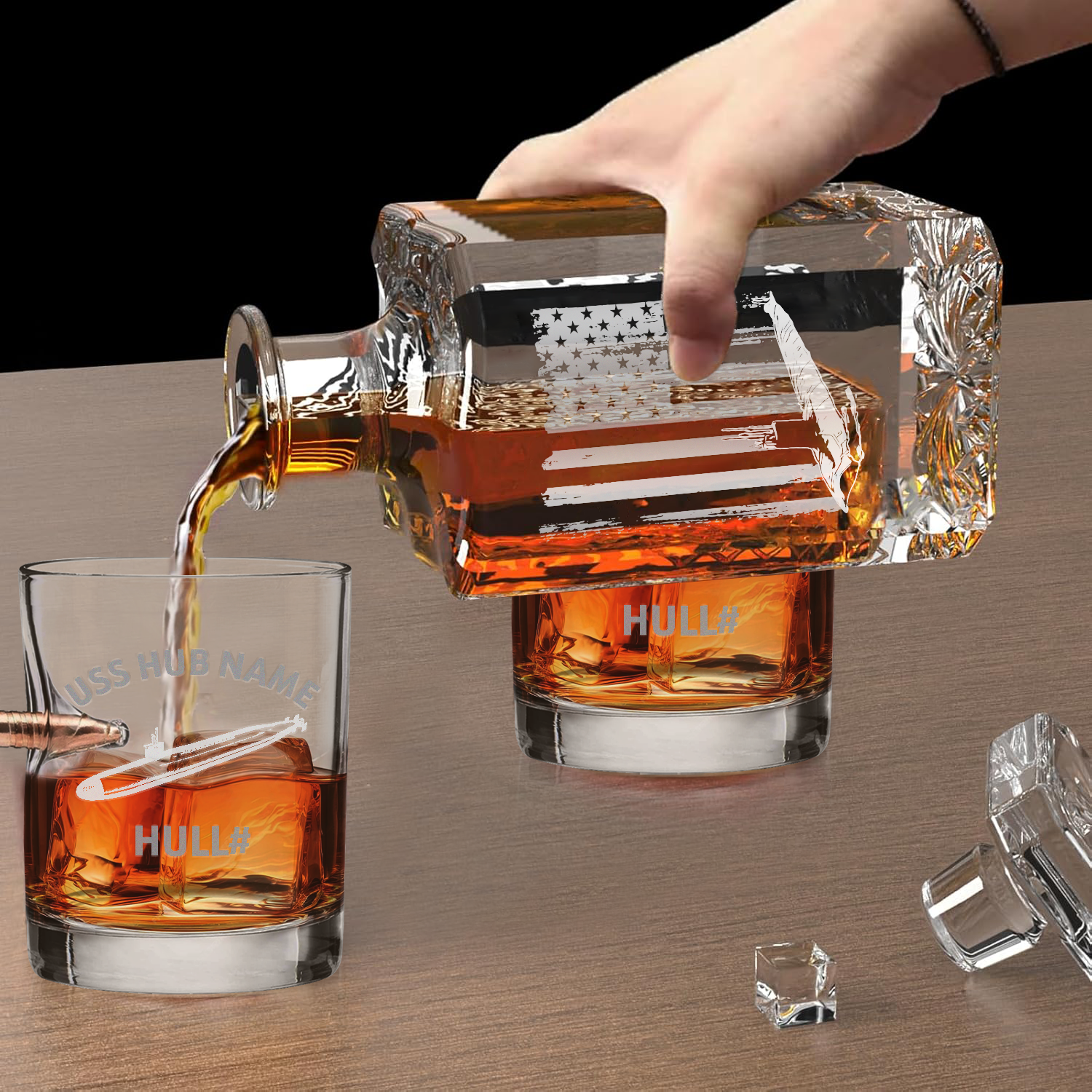 Personalizable Navy Submarine Bullet Whiskey Glass & Decanter Set
