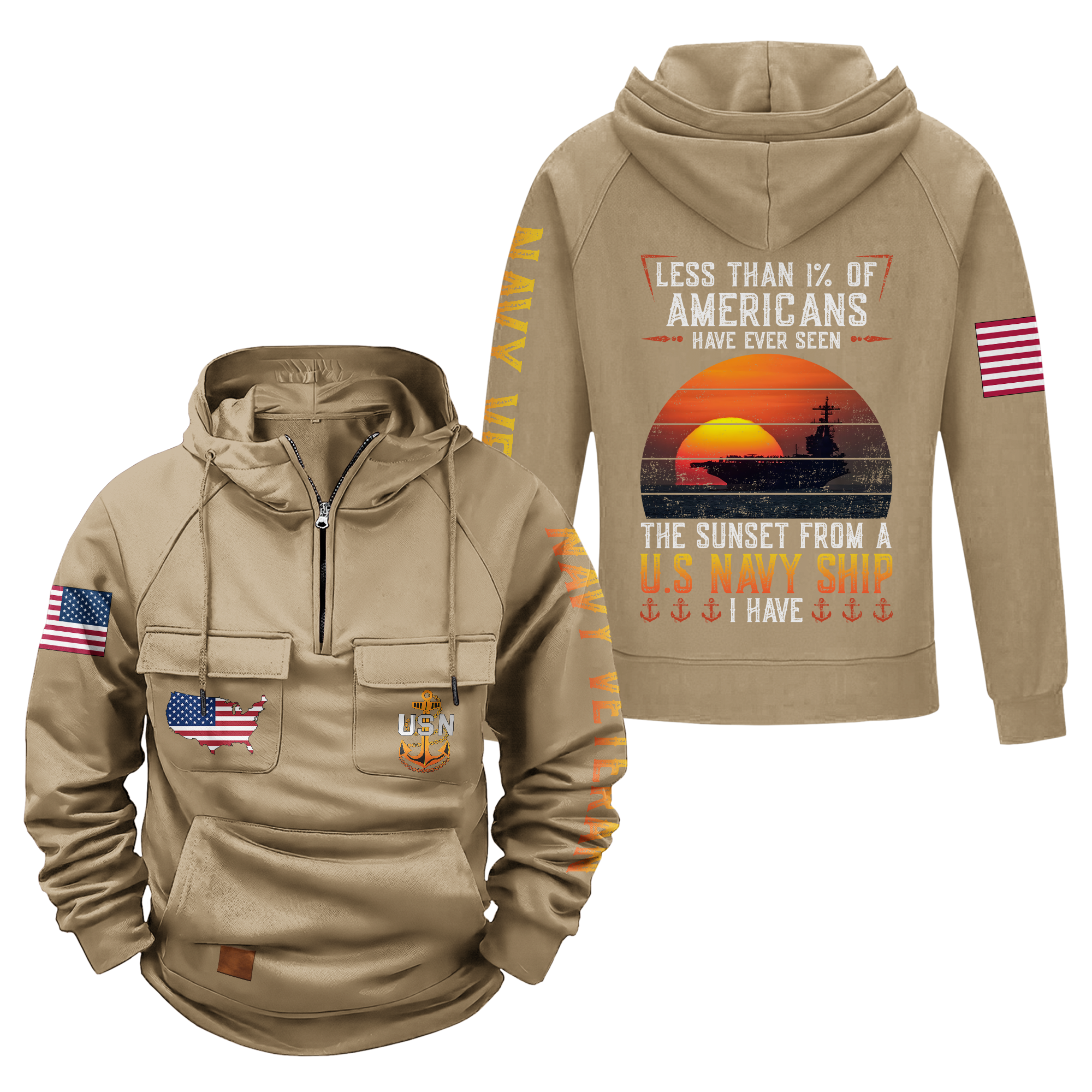 Less Than 1% Sunset Navy Ship Vintage Quarter Zip Hoodie