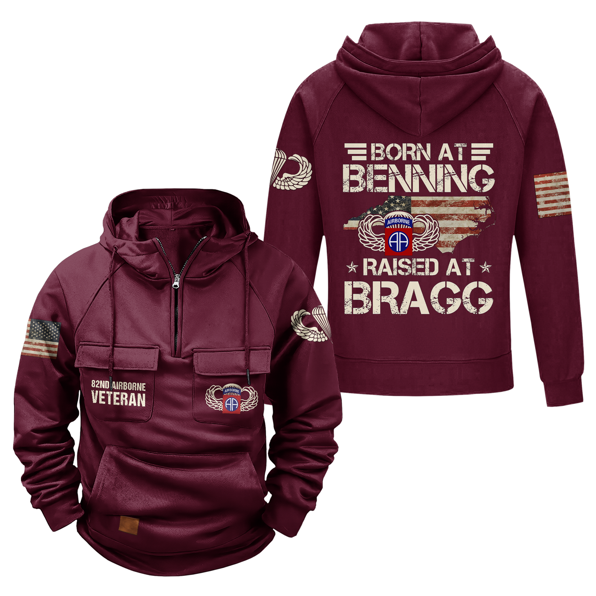 Born At Benning Raised At Bragg Vintage Quarter Zip Hoodie