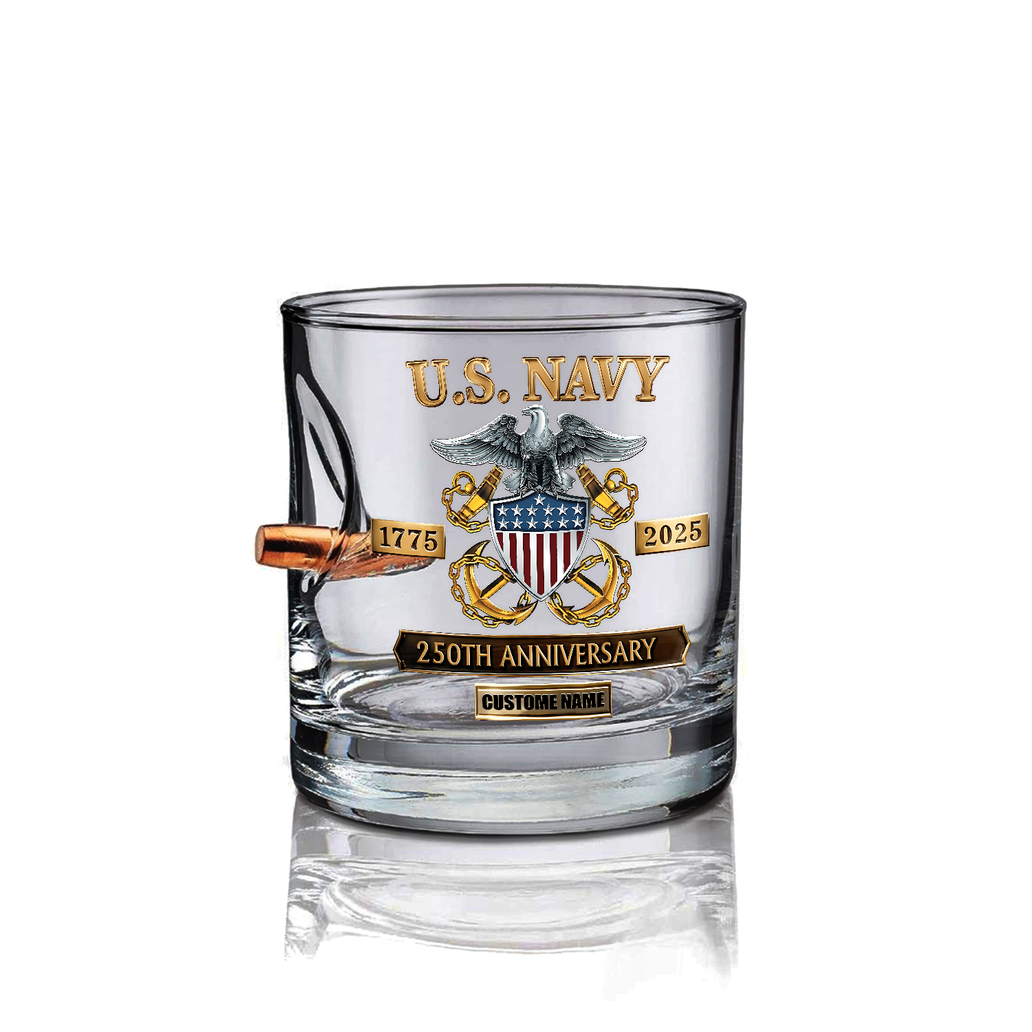 Personalizable Navy 250th Anniversary Bullet Whiskey Glass & Decanter Set