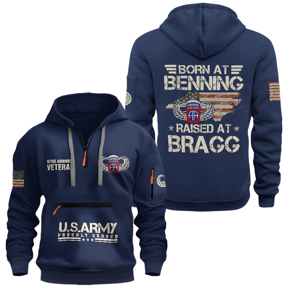 Born At Benning Raised At Bragg Zipper Pouch Quarter-Zip Hoodie