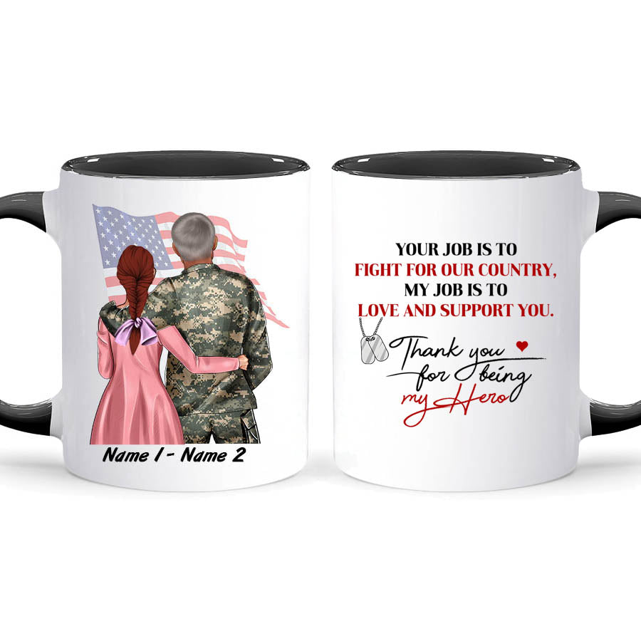 Personalized Military Couple Thank You For Being My Hero Accent Coffee Mug, 11oz