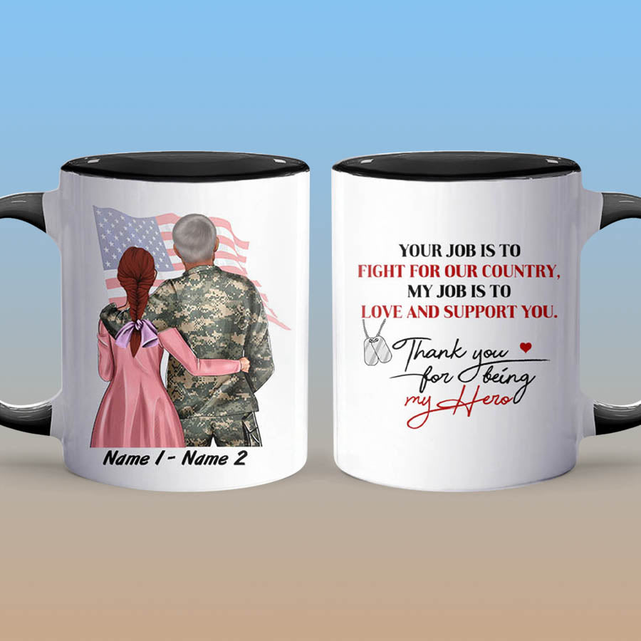 Personalized Military Couple Thank You For Being My Hero Accent Coffee Mug, 11oz