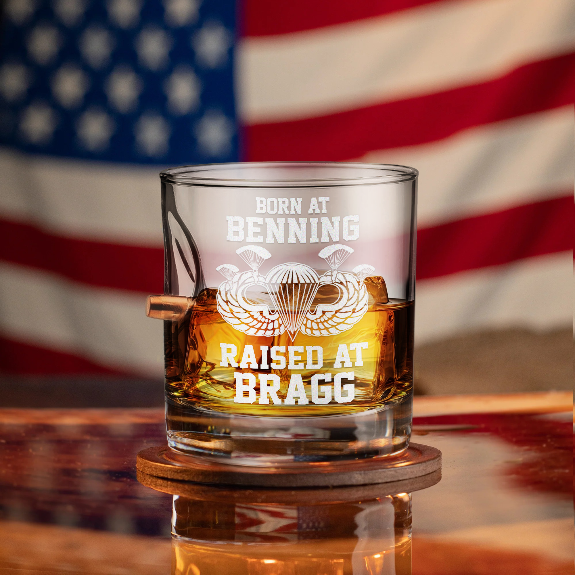 Born At Benning Raised At Bragg Bullet Whiskey Glass