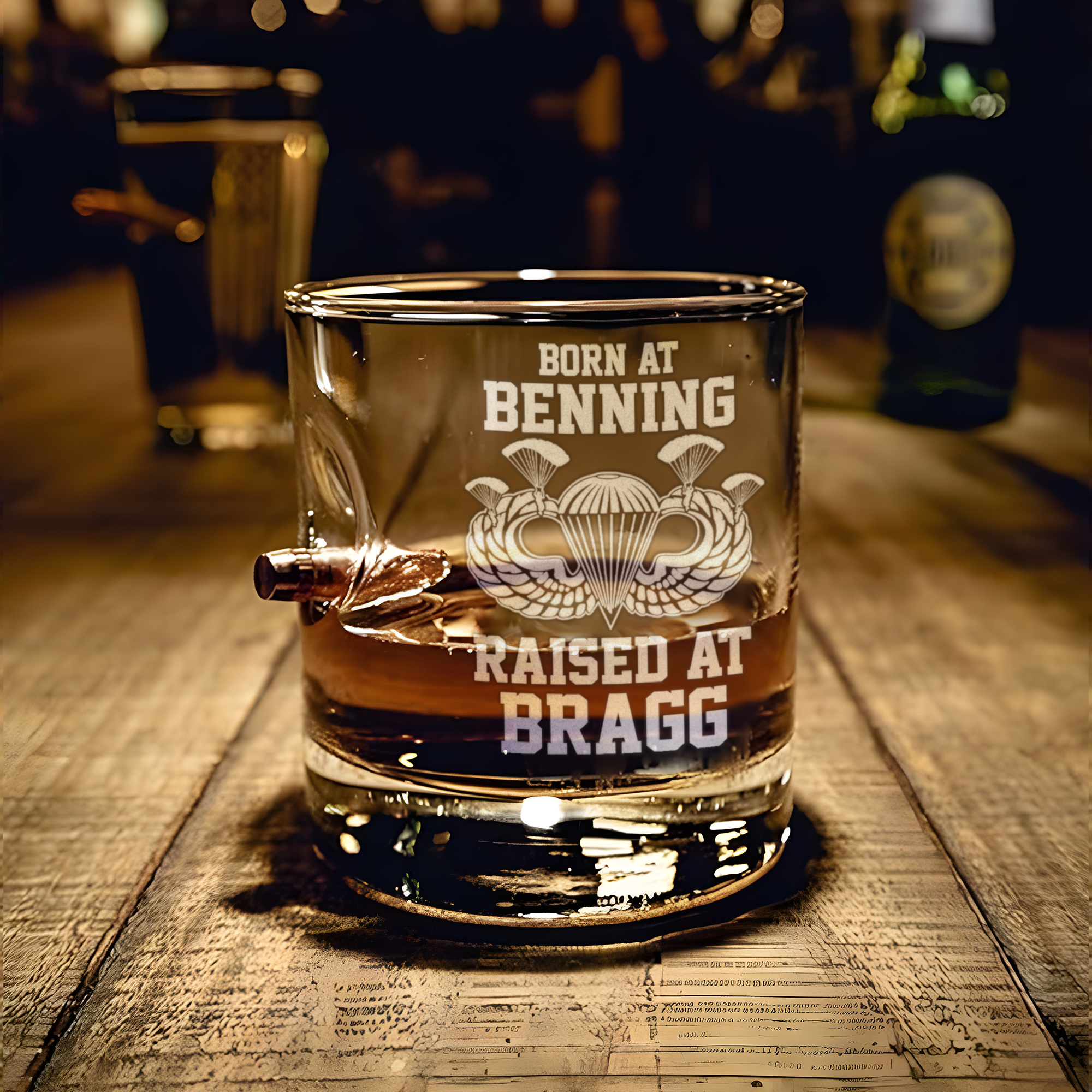 Born At Benning Raised At Bragg Bullet Whiskey Glass