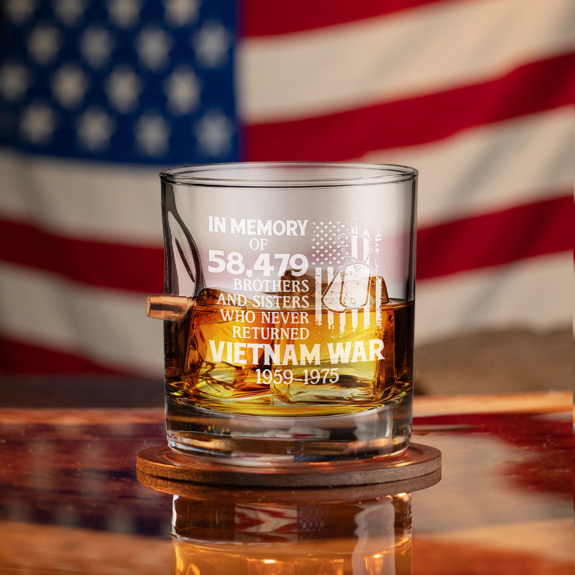 Vietnam Veteran In Memory Of 58479 Brothers And Sisters  Bullet Whiskey Glass