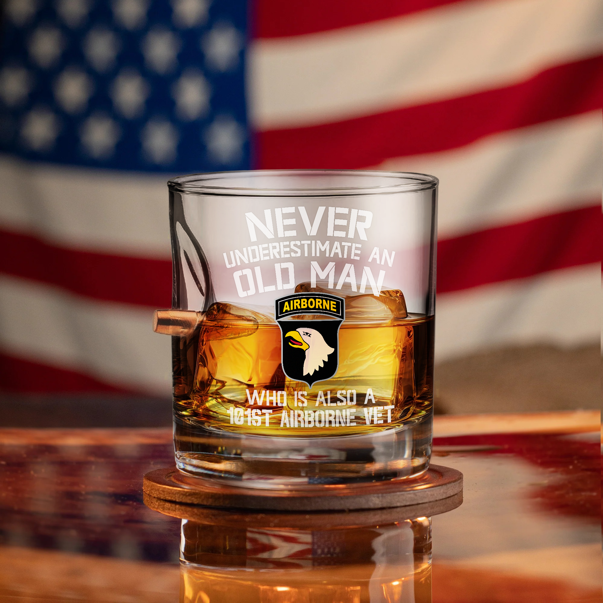 Never Underestimate An Old Man Who Is Also A 101st Airborne Vet Bullet Whiskey Glass