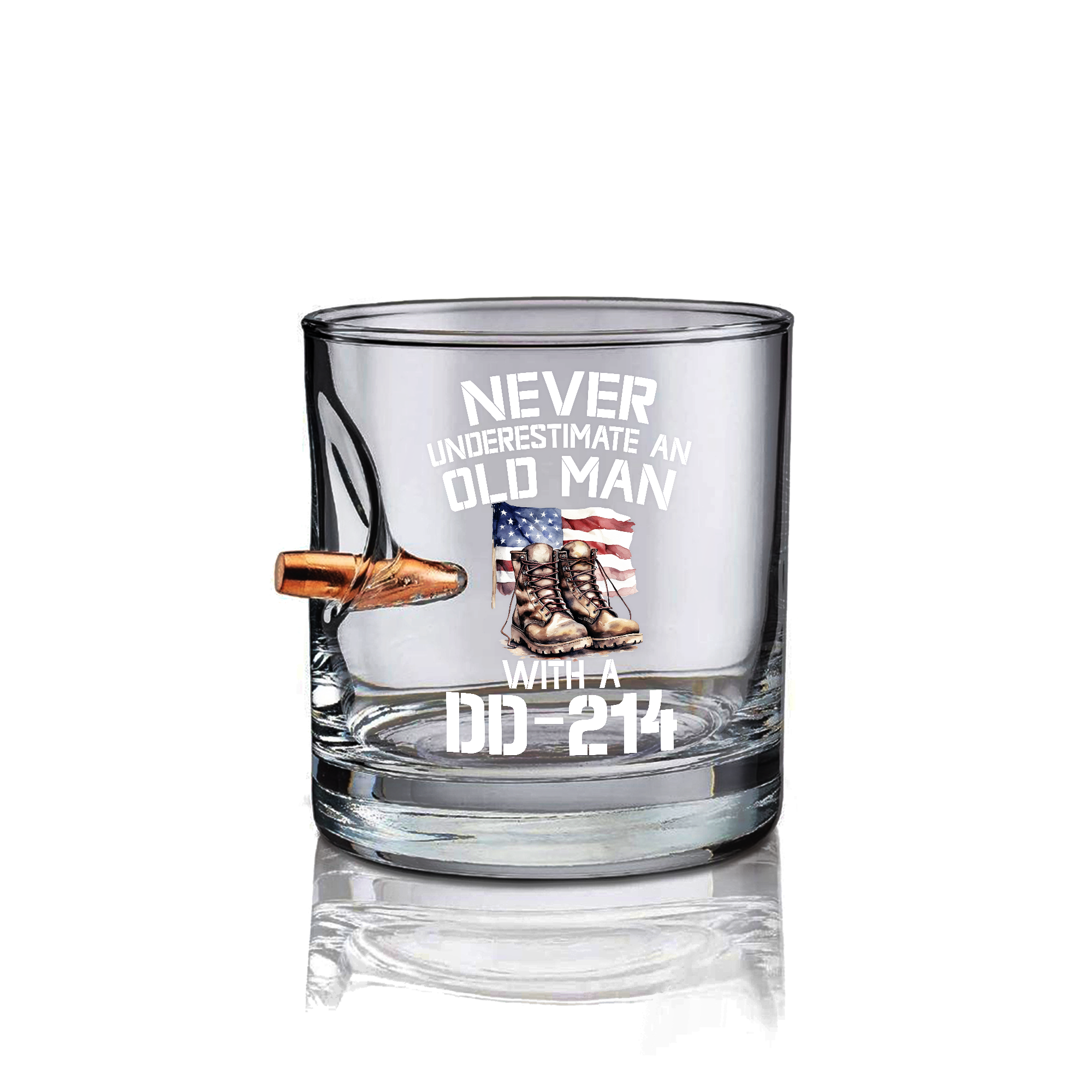 Never Underestimate An Old Man With A DD-214 Bullet Whiskey Glass