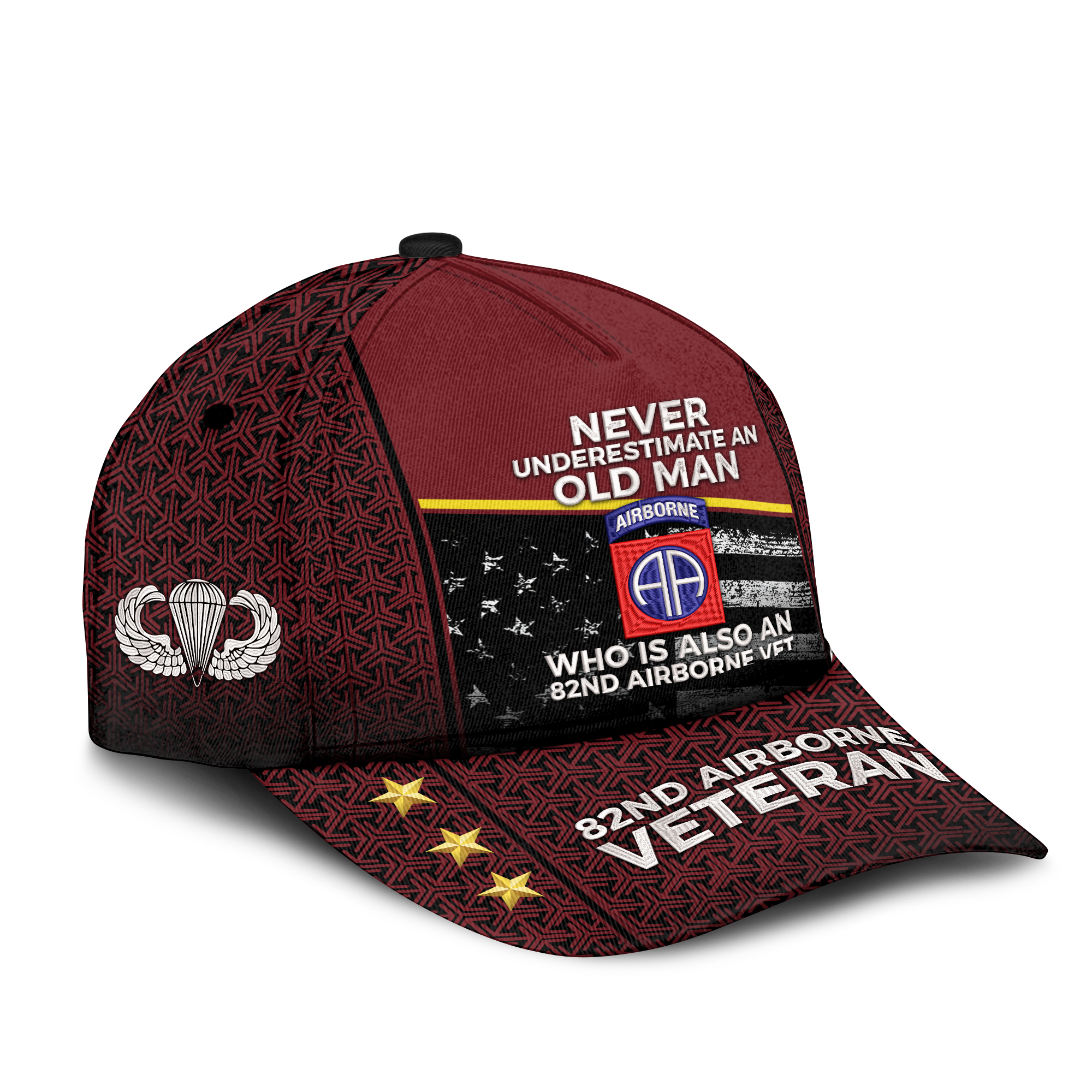 Never Underestimate An Old Man Who Is Also An 82nd Airborne Vet Embroidered & Printed Cap