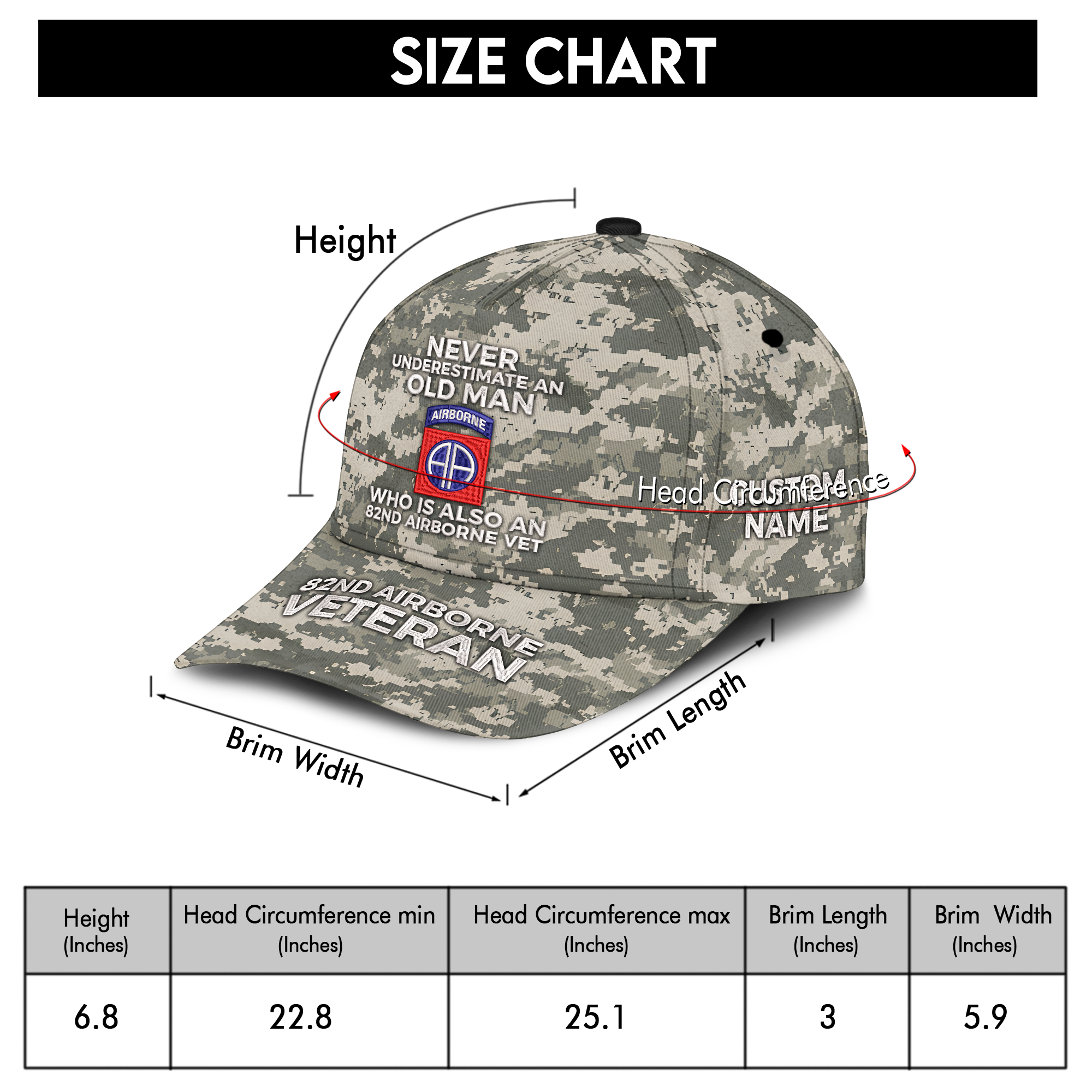 Never Underestimate An Old Man Who Is Also An 82nd Airborne Vet Embroidered & Printed Cap