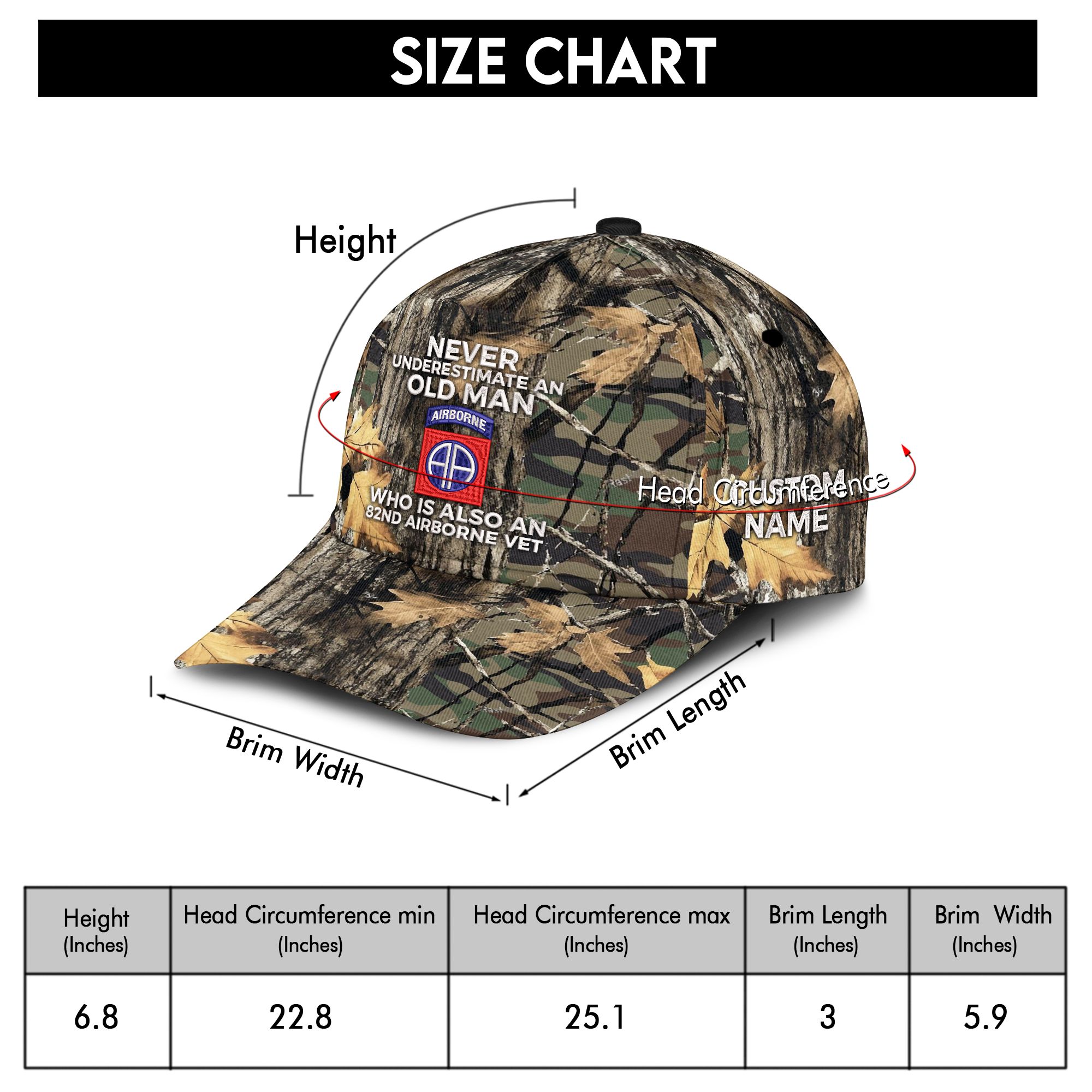 Never Underestimate An Old Man Who Is Also An 82nd Airborne Vet Embroidered & Printed Cap