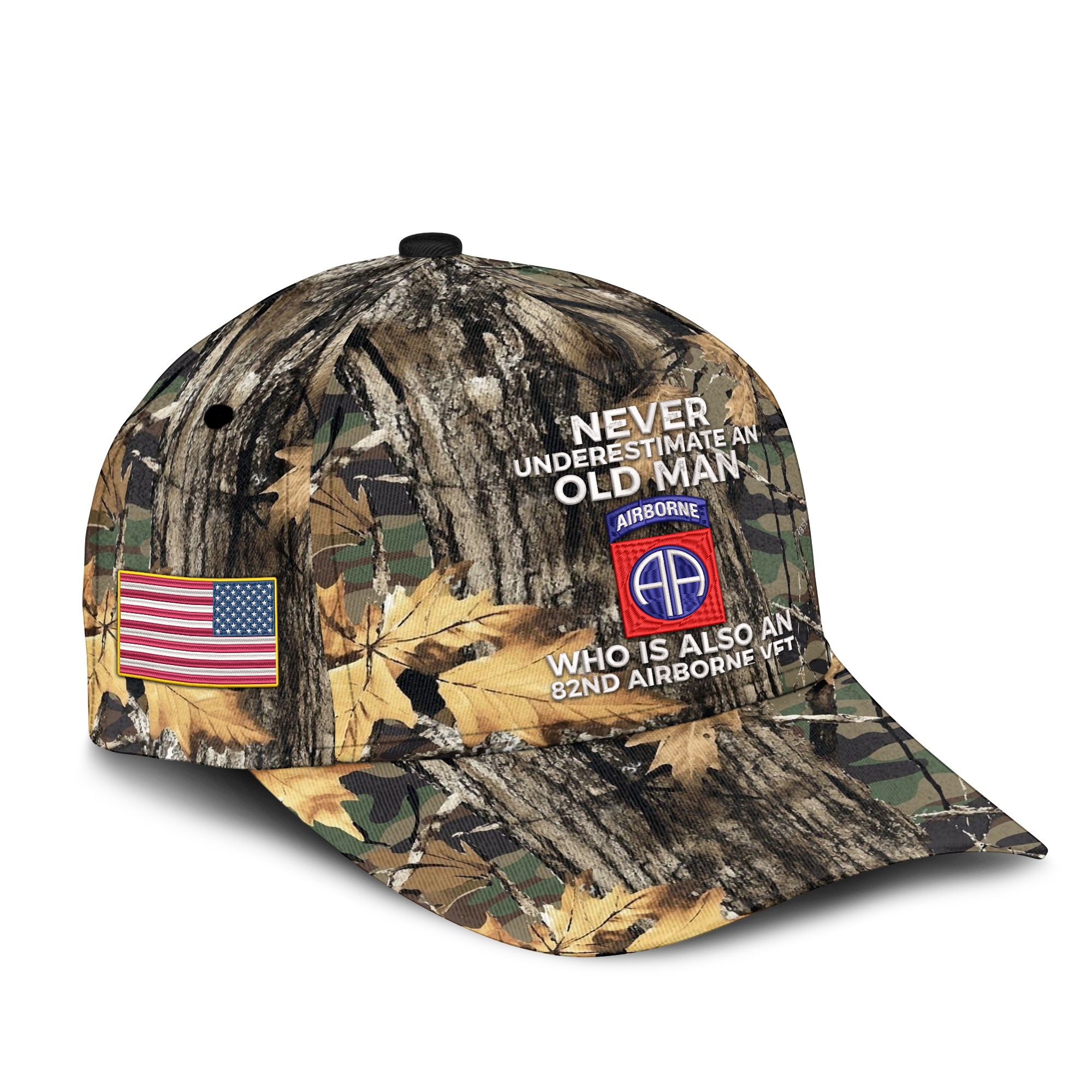 Never Underestimate An Old Man Who Is Also An 82nd Airborne Vet Embroidered & Printed Cap