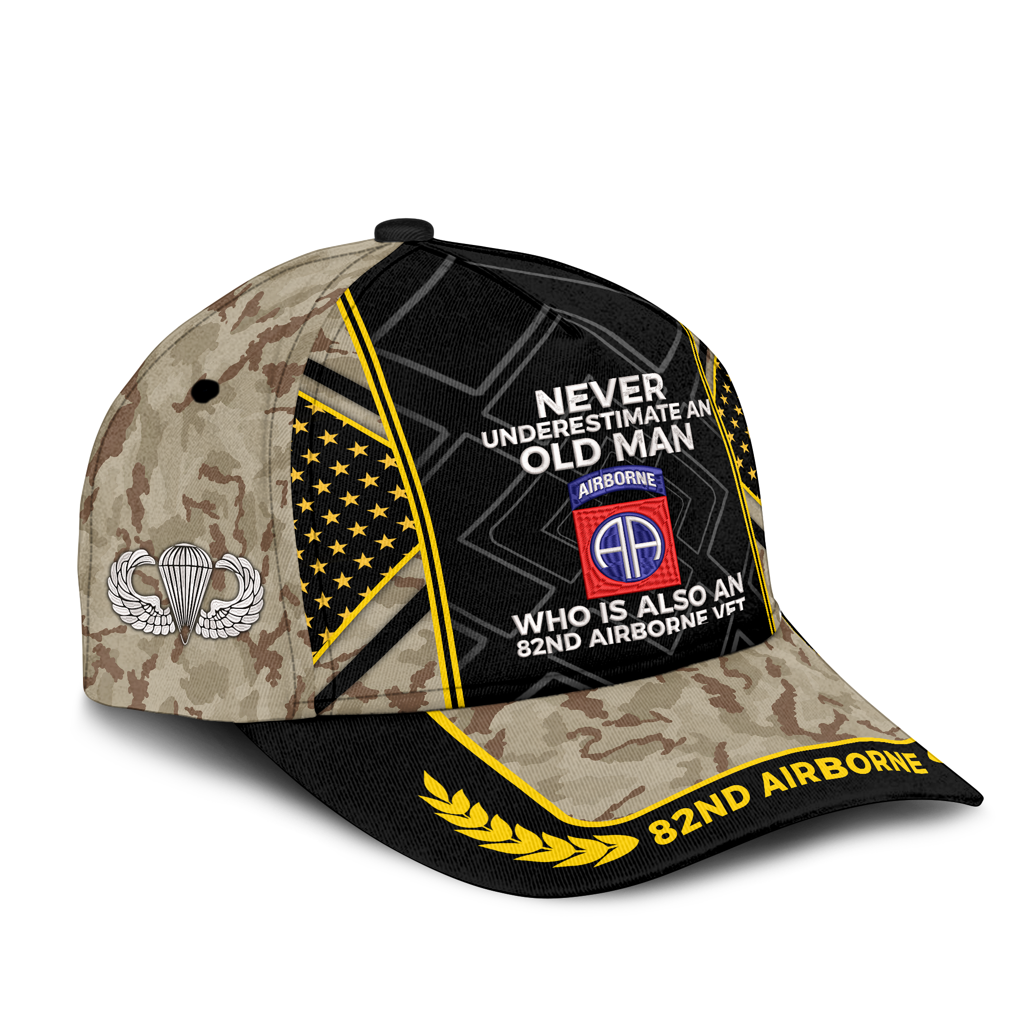 Never Underestimate An Old Man Who Is Also An 82nd Airborne Vet Embroidered & Printed Cap