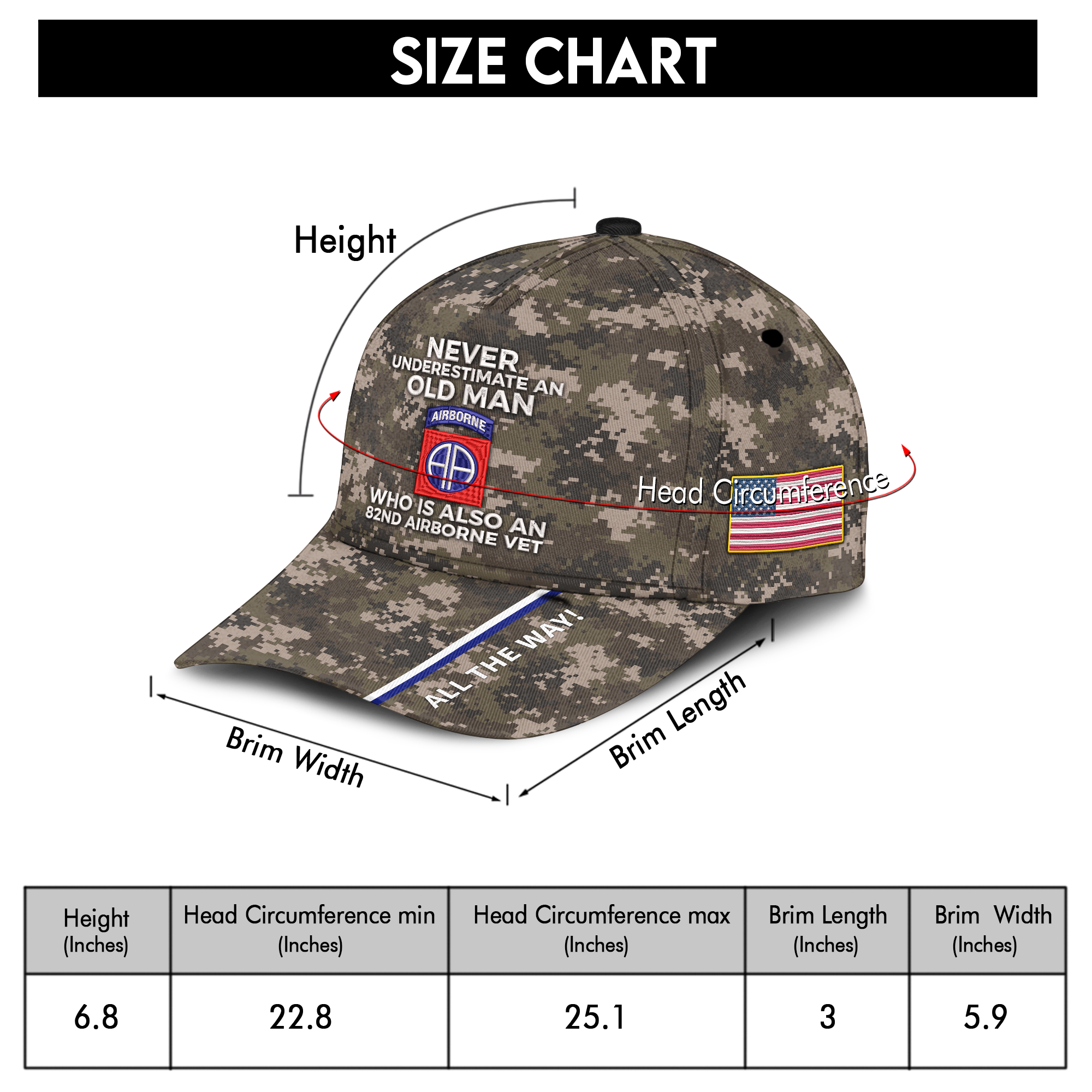 Never Underestimate An Old Man Who Is Also An 82nd Airborne Vet Embroidered & Printed Cap