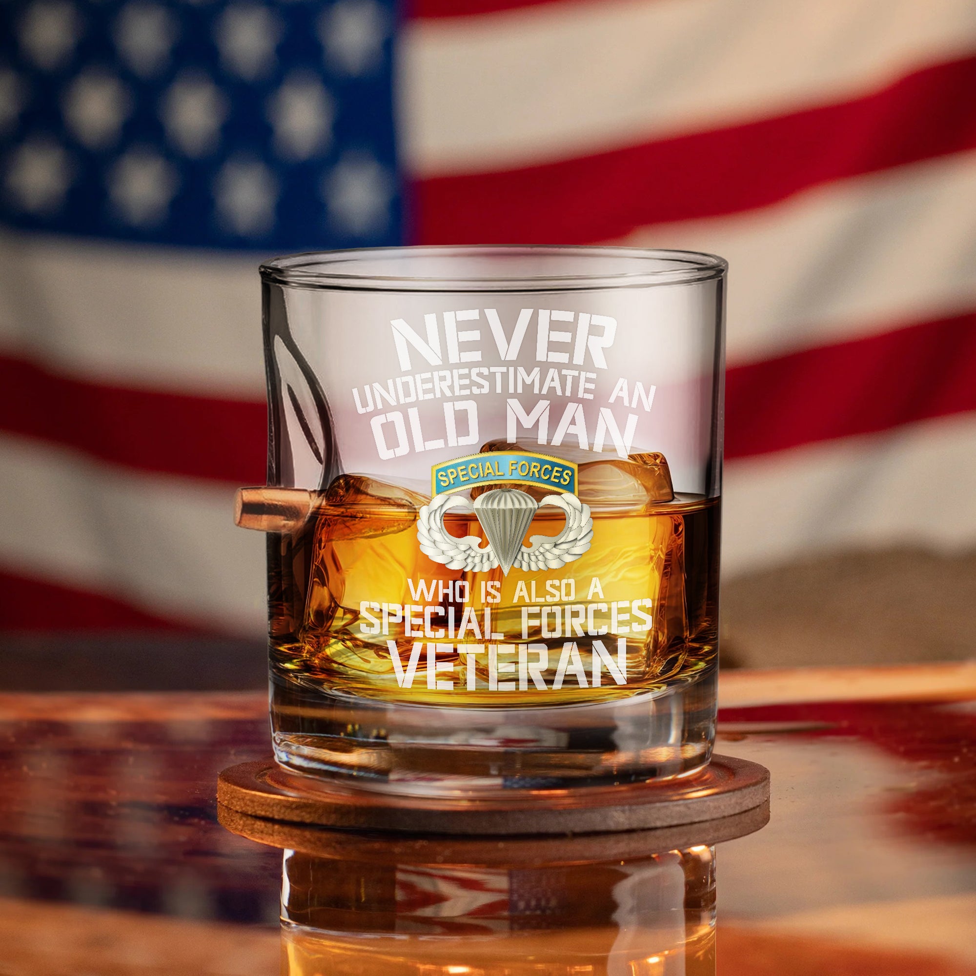 Never Underestimate An Old Man Who Is Also A Special Forces Veteran Bullet Whiskey Glass