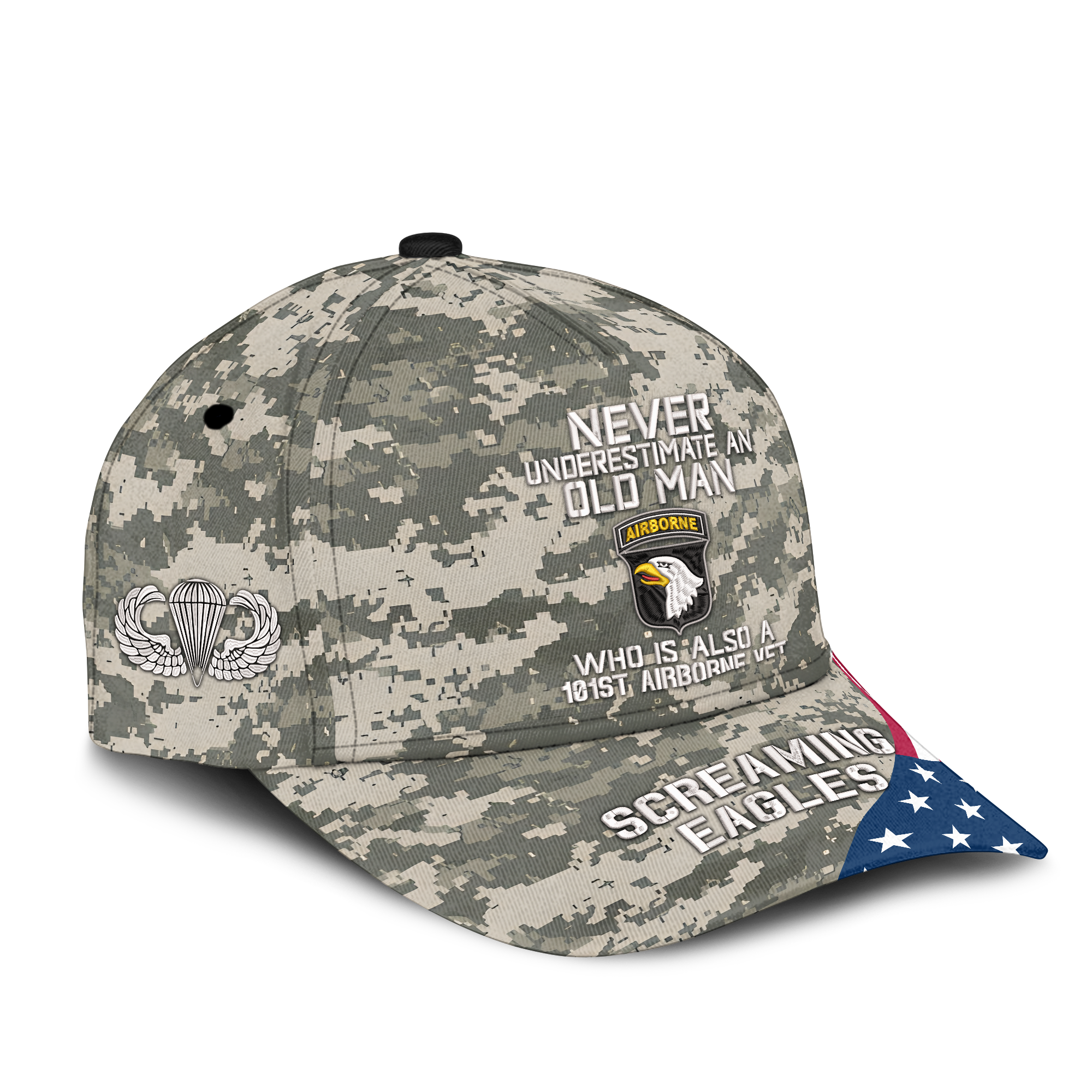 Never Underestimate An Old Man Who Is Also An 101st Airborne Vet Embroidered & Printed Cap