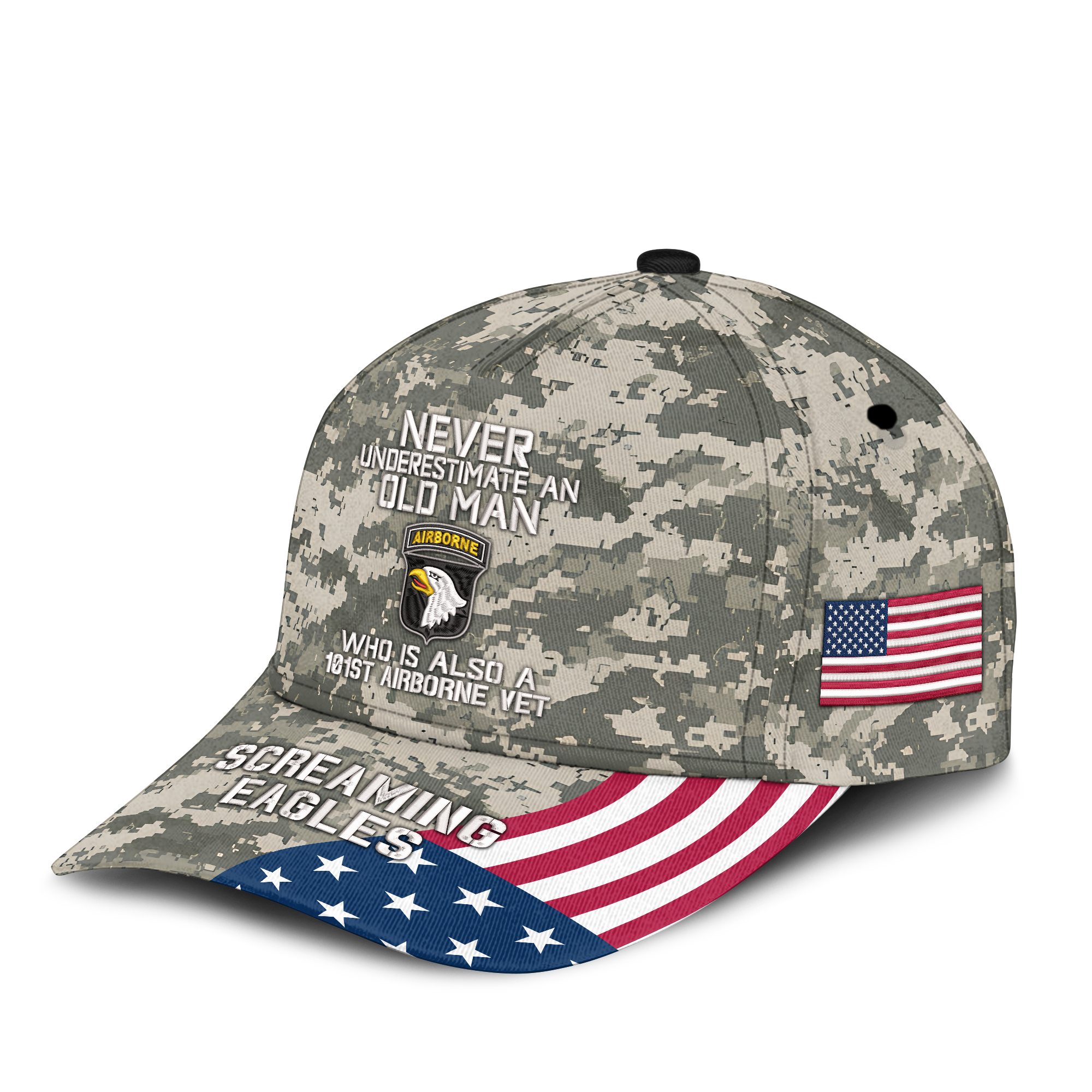 Never Underestimate An Old Man Who Is Also An 101st Airborne Vet Embroidered & Printed Cap