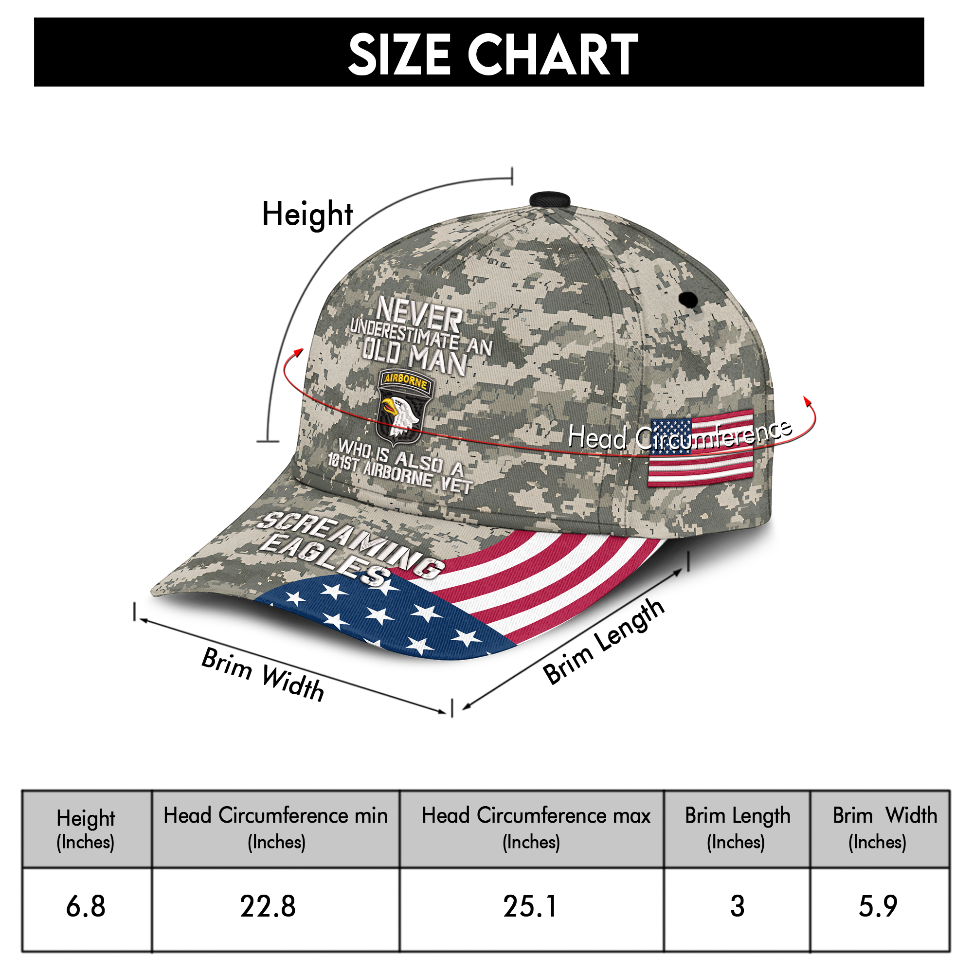 Never Underestimate An Old Man Who Is Also An 101st Airborne Vet Embroidered & Printed Cap