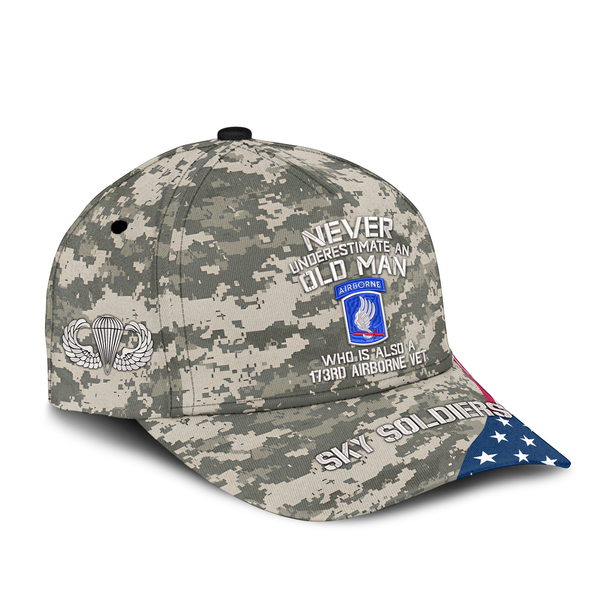 Never Underestimate An Old Man Who Is Also A 173rd Airborne Vet Embroidered & Printed Cap