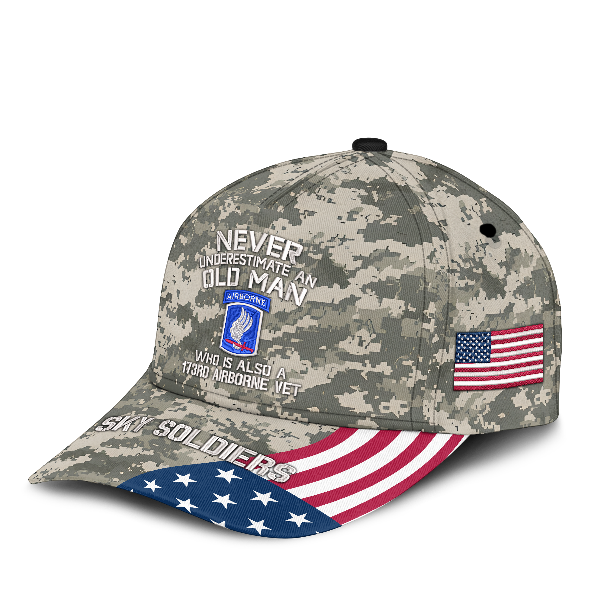 Never Underestimate An Old Man Who Is Also A 173rd Airborne Vet Embroidered & Printed Cap