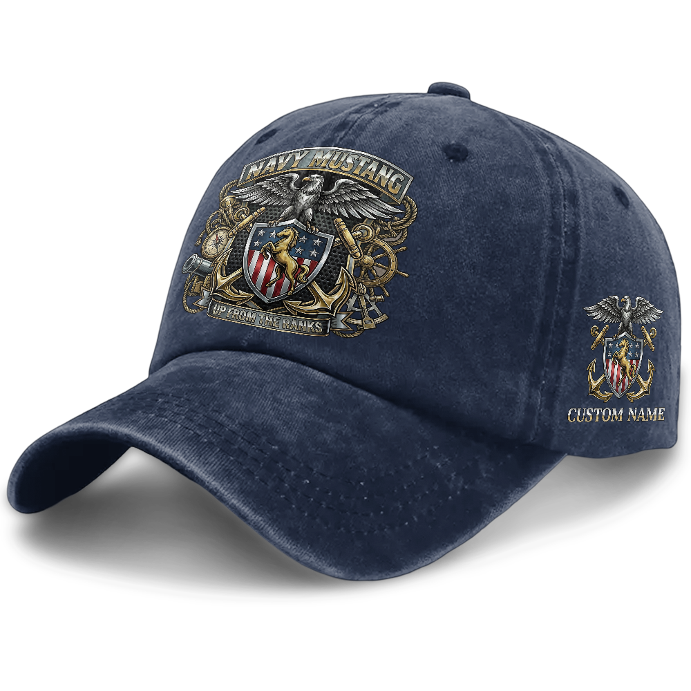 Personalizable Navy Mustangs Up From The Ranks Washed Cap
