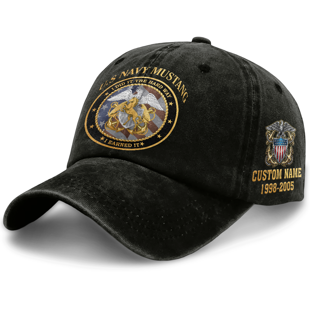 Personalizable Navy Mustang I Earned It Washed Cap