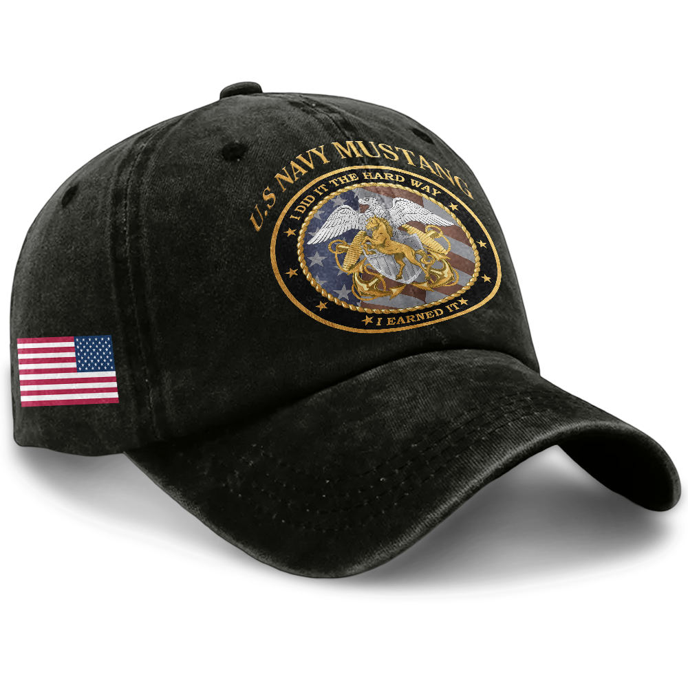 Personalizable Navy Mustang I Earned It Washed Cap