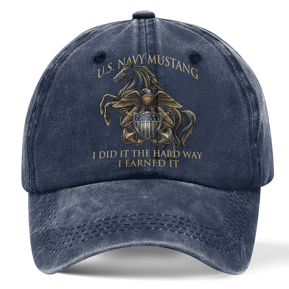 Personalizable Navy Mustang I Earned It Washed Cap