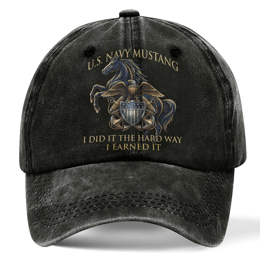 Personalizable Navy Mustang I Earned It Washed Cap