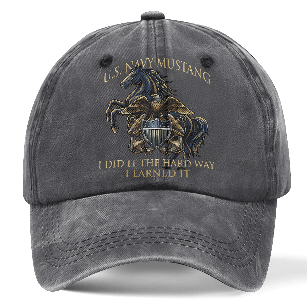 Personalizable Navy Mustang I Earned It Washed Cap