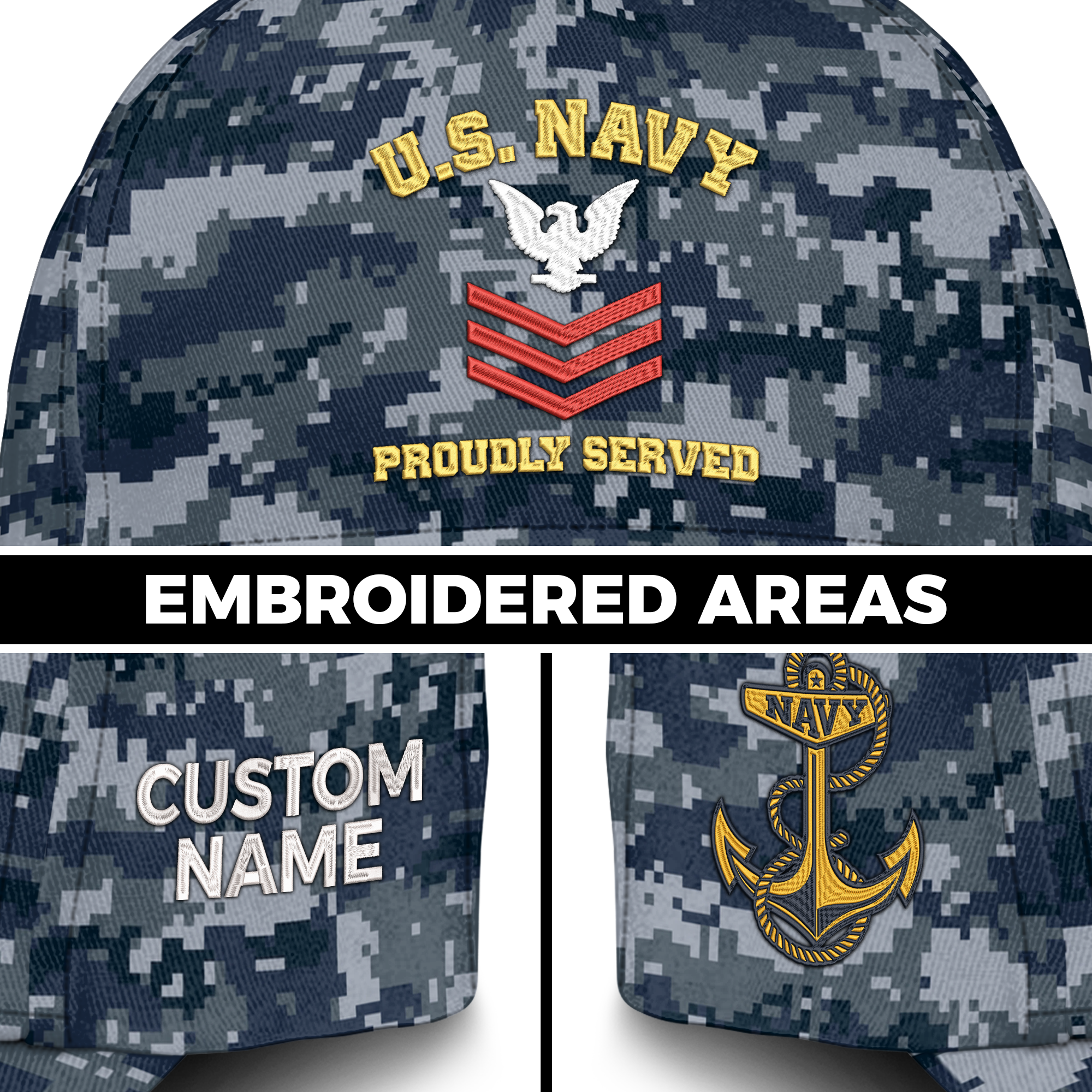 Personalizable Navy Ranking Proudly Served Embroidered & Printed Cap