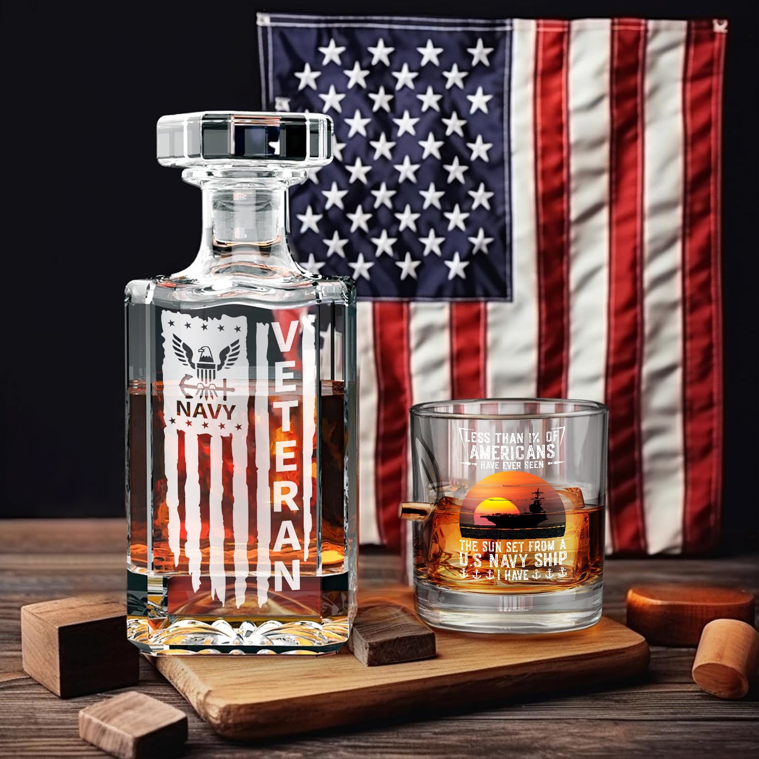 Navy Veteran Set of 1 Bullet Whiskey Glass & Decanter