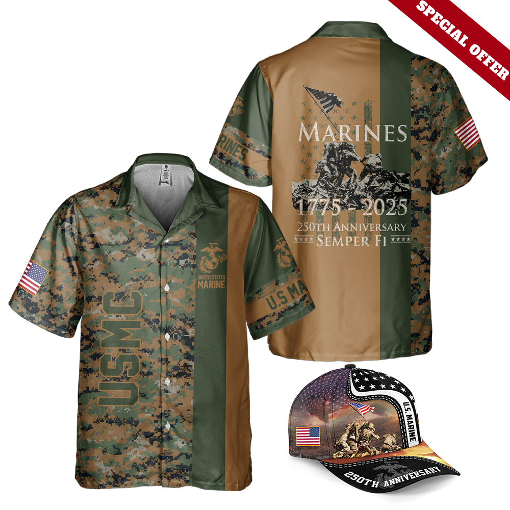 Marines 250th Anniversary Cuban Shirt & Classic Cap Combo Bundle