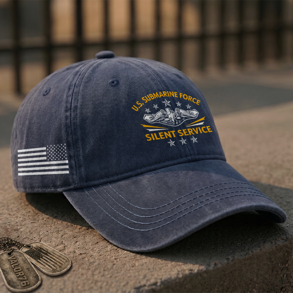 Silver Dolphins Navy Submarine Silent Service Washed Cap