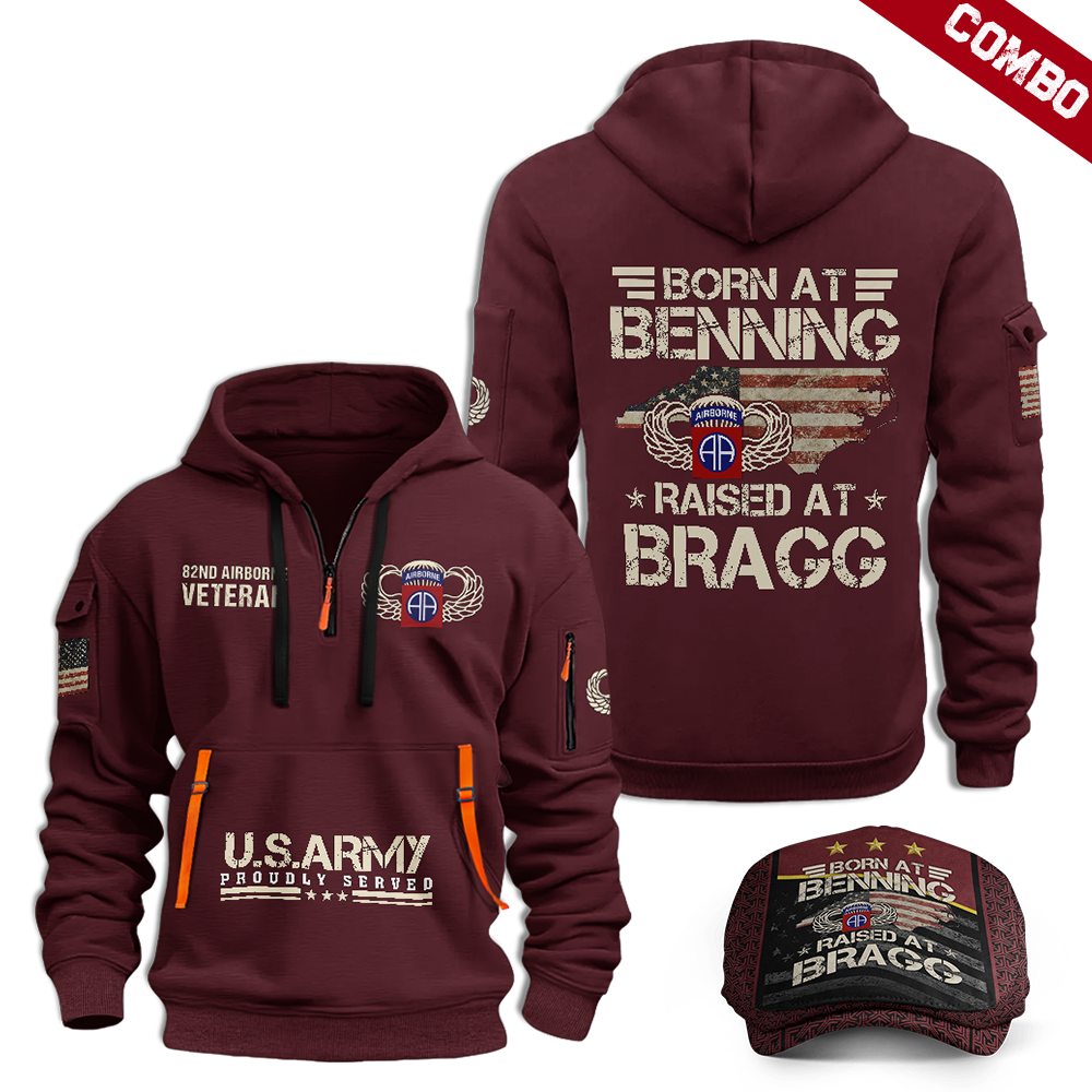 Born At Benning Raised At Bragg Quarter Zip Hoodie & Jeff Cap Combo