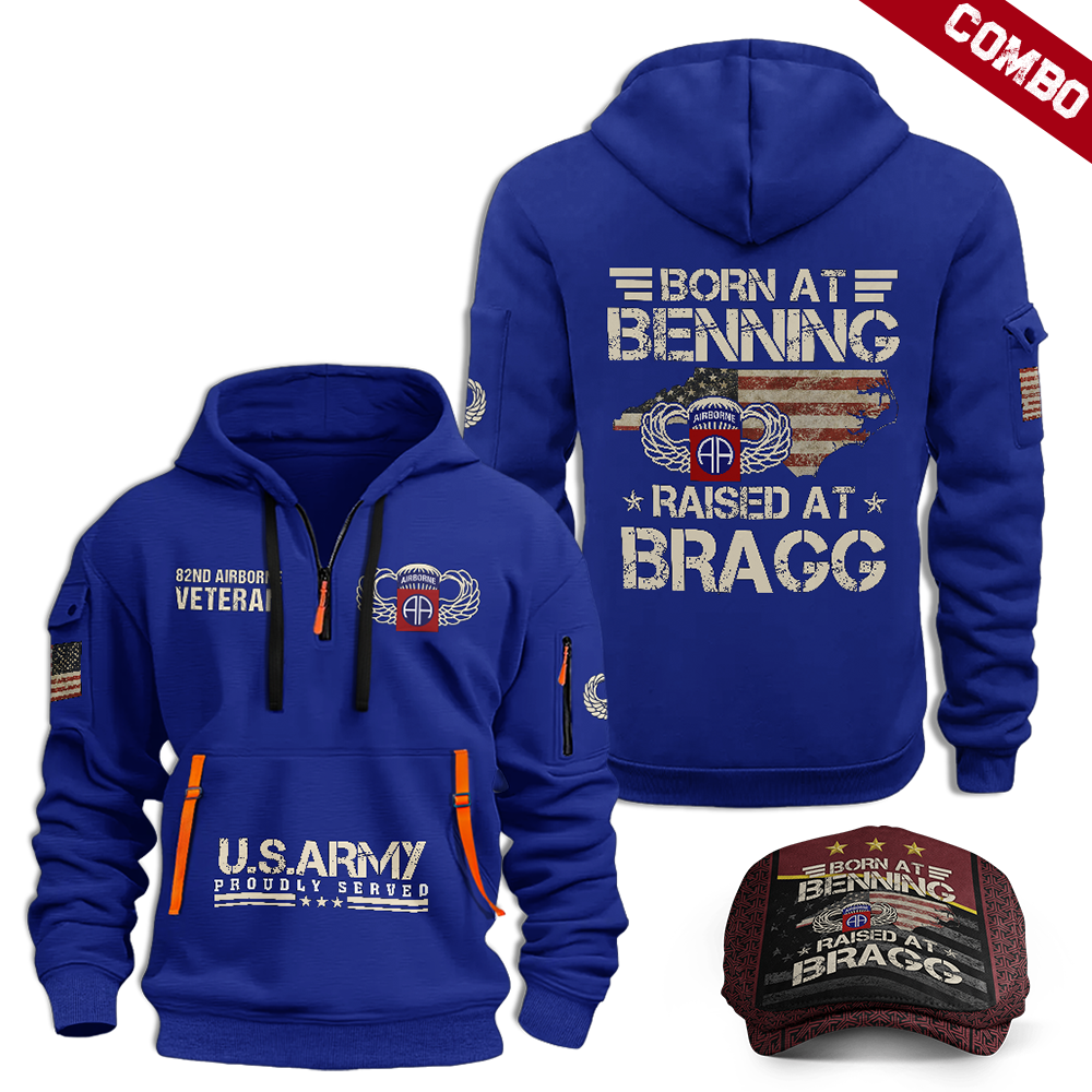 Born At Benning Raised At Bragg Quarter Zip Hoodie & Jeff Cap Combo