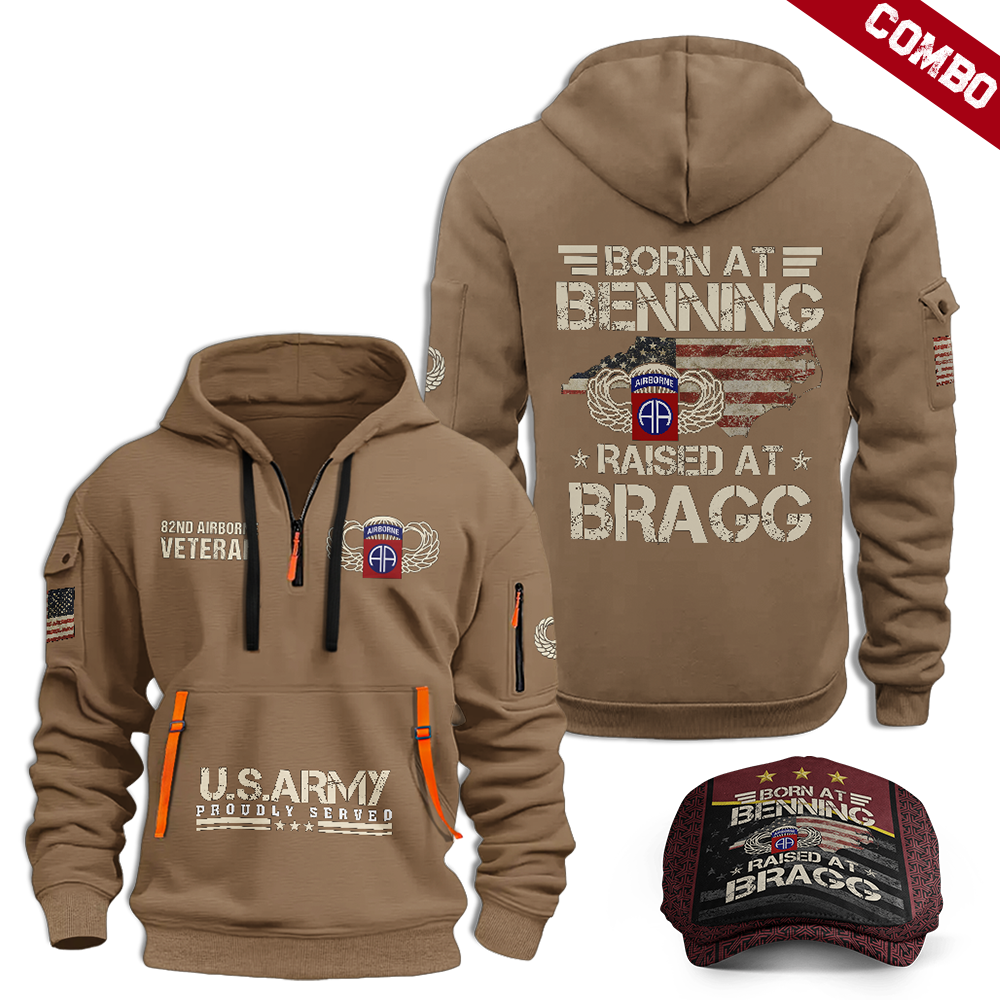 Born At Benning Raised At Bragg Quarter Zip Hoodie & Jeff Cap Combo