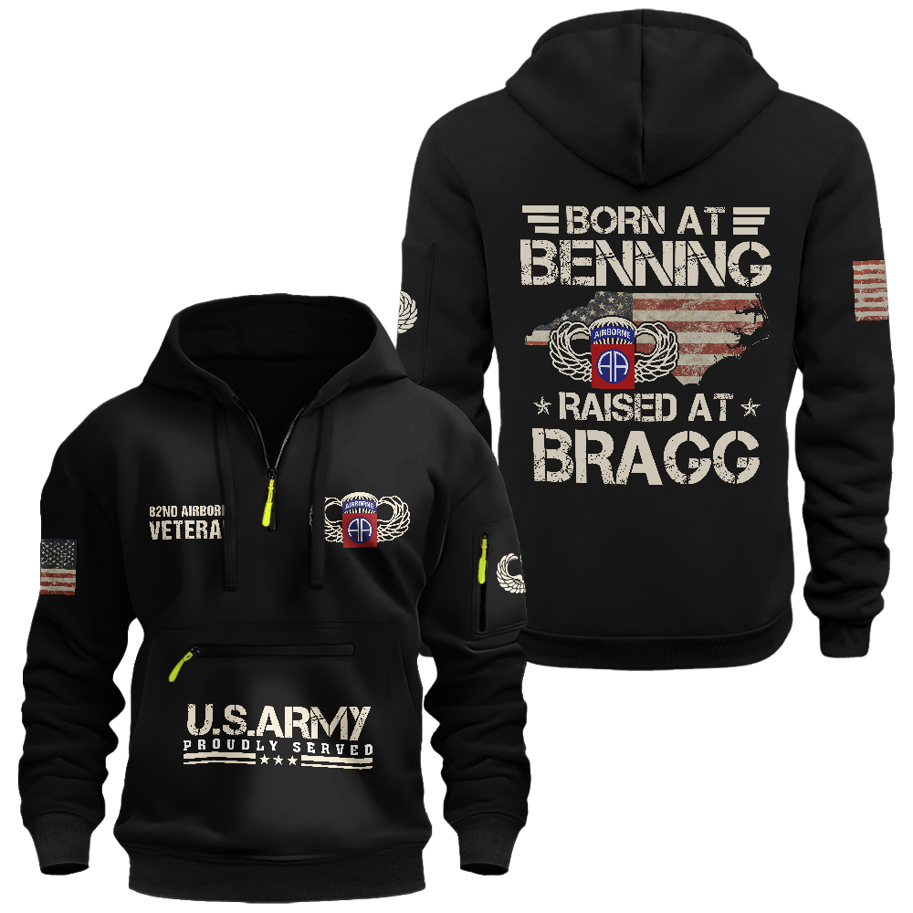 Born At Benning Raised At Bragg Zipper Pouch Quarter-Zip Hoodie