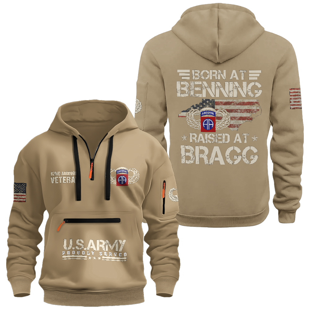 Born At Benning Raised At Bragg Zipper Pouch Quarter-Zip Hoodie