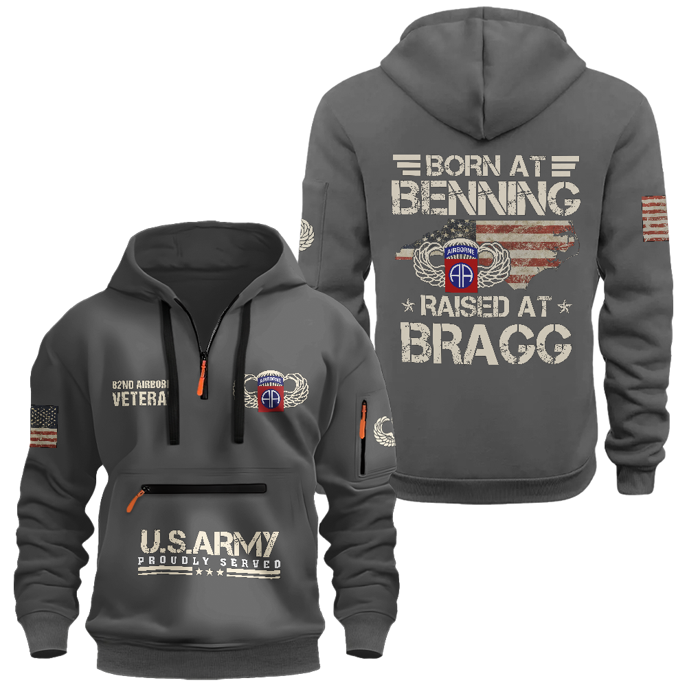 Born At Benning Raised At Bragg Zipper Pouch Quarter-Zip Hoodie