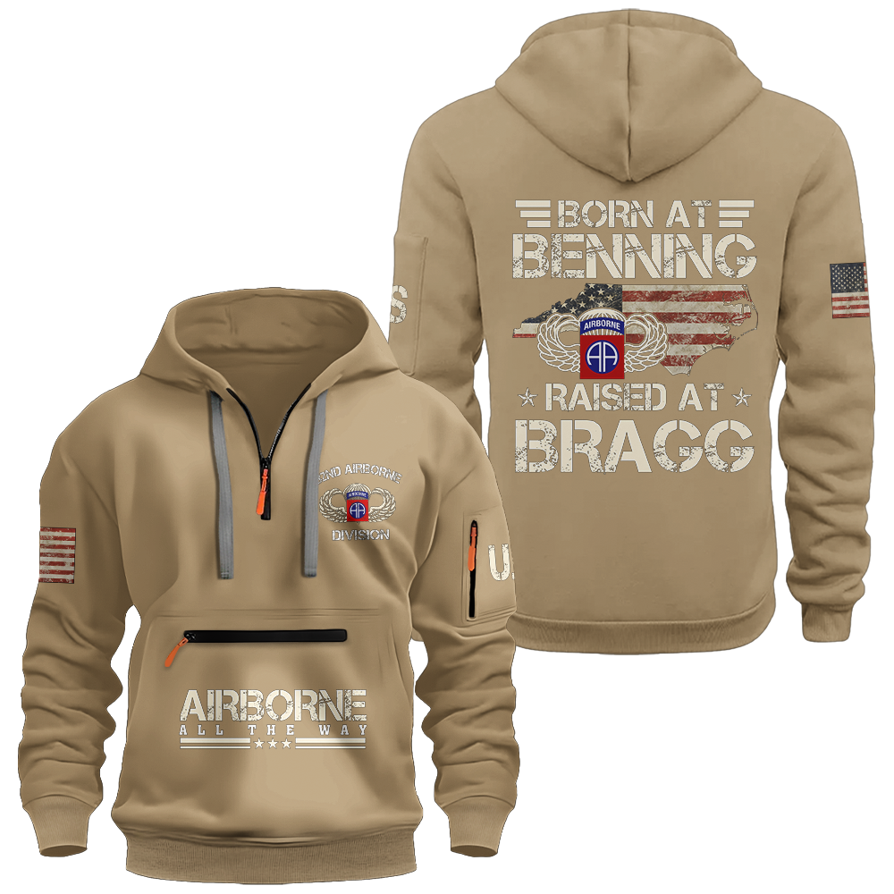 Born At Benning Raised At Bragg Zipper Pouch Quarter-Zip Hoodie