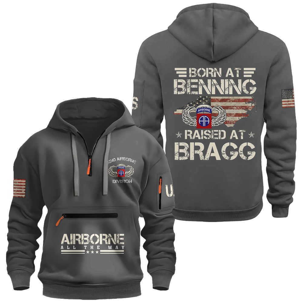 Born At Benning Raised At Bragg Zipper Pouch Quarter-Zip Hoodie