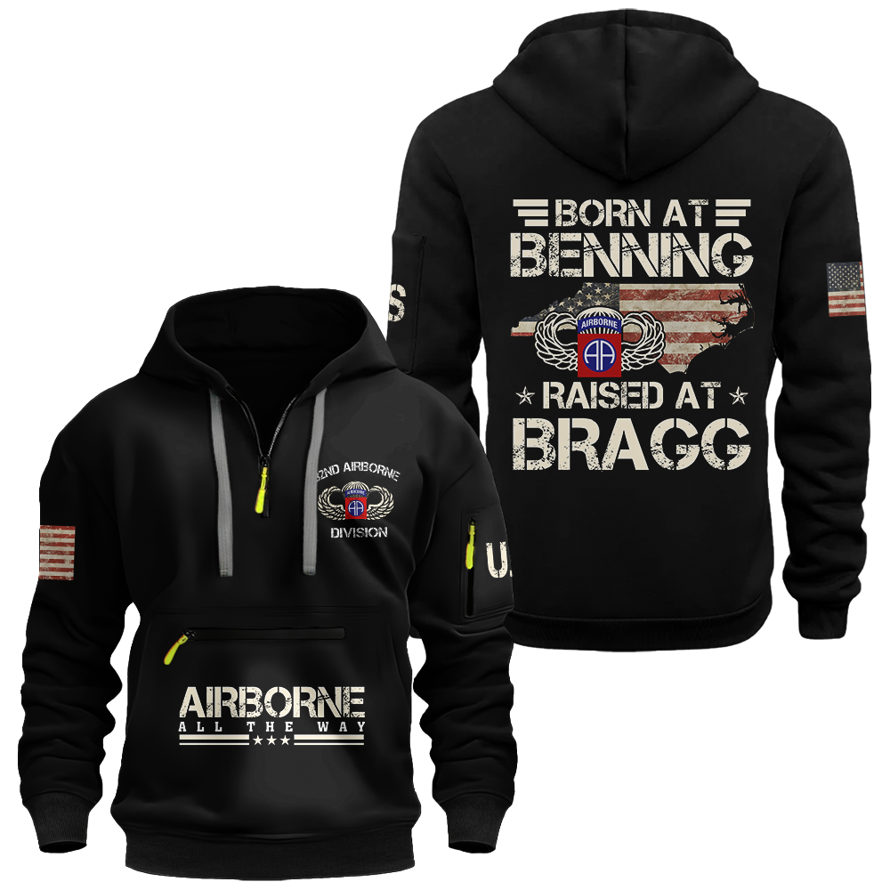 Born At Benning Raised At Bragg Zipper Pouch Quarter-Zip Hoodie